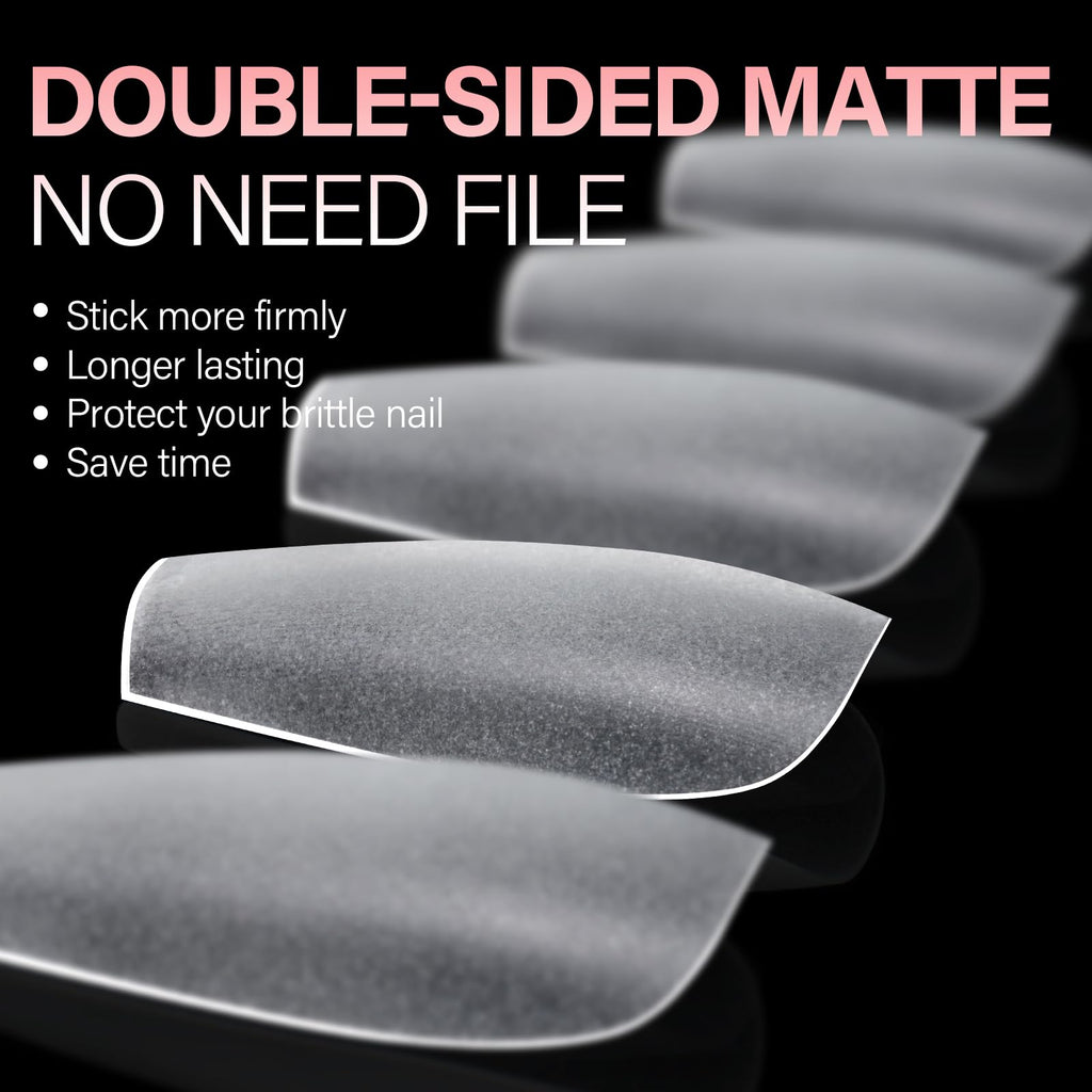 AILLSA's short almond nail tips, 450PCS pack. Double-sided matte design ensures long-lasting, easy application. Verified by CuratCart.