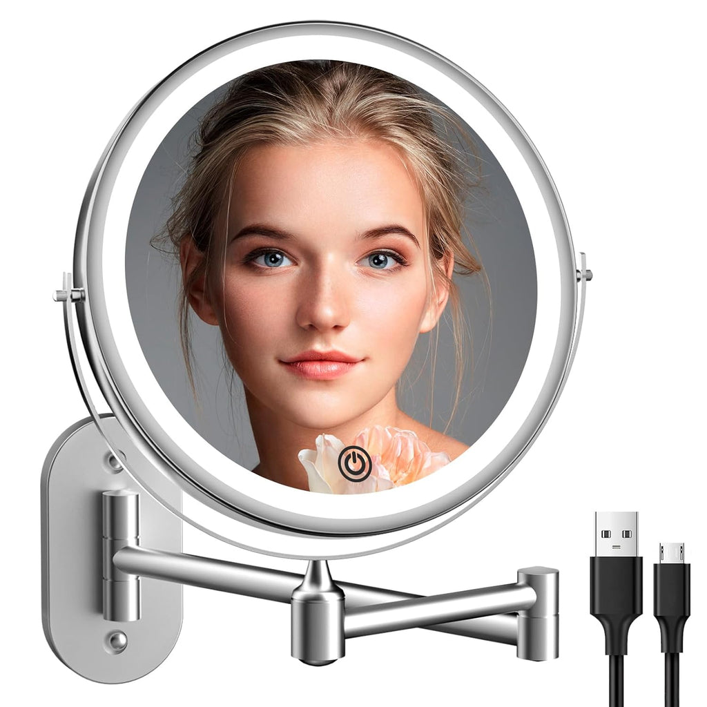 Buy now Rechargeable Wall Mounted Lighted Makeup Vanity Mirror 8 inch 1X/10X Magnifying Bathroom Mirror with 3 Color Lights, Double Sided with Dimmable LED Lights, Extended Arm 360Â° Swivel Extension Mirror at indiglob india