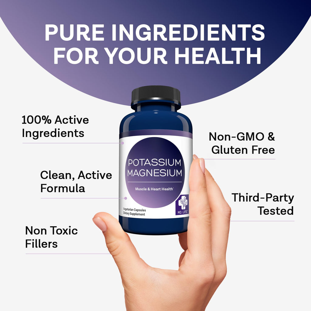 MD. Life Potassium Magnesium Supplement, High Absorption, 30 Capsules | Chelated Mineral Blend for Vascular Health, Muscle Function and Leg Cramp - Doctor Designed - Non-GMO, Vegetarian