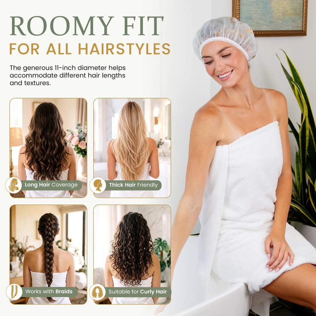 Shower Caps for Women Reusable Waterproof, 2 PCS Shower Caps + 5 Hair Ties