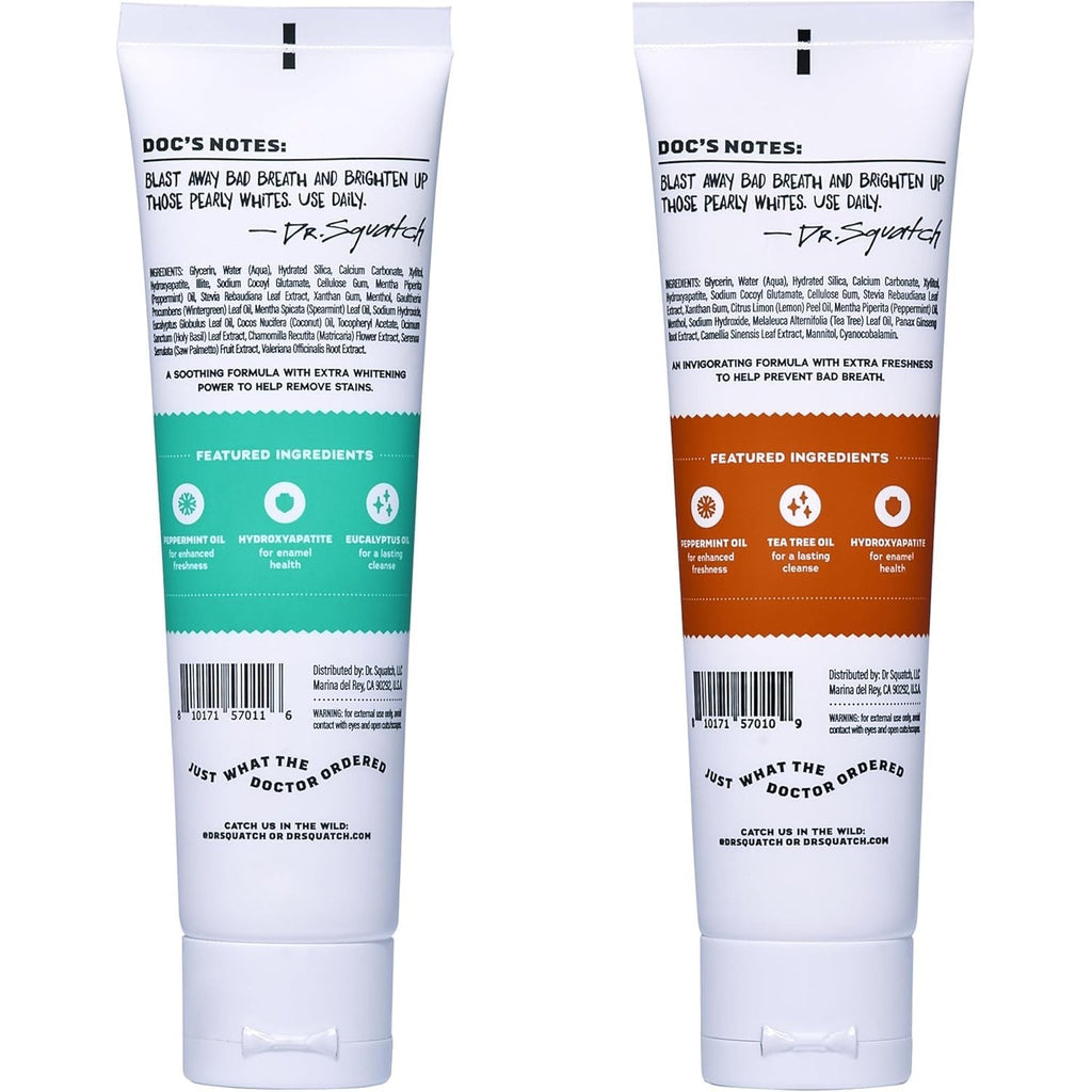 Dr. Squatch Hydroxyapatite Toothpaste Whitening - Natural, Fluoride-Free Toothpaste - Enamel Support - Day & Night Set - Citrus Mint & Spearmint, (4.7 oz, 2-Pack)