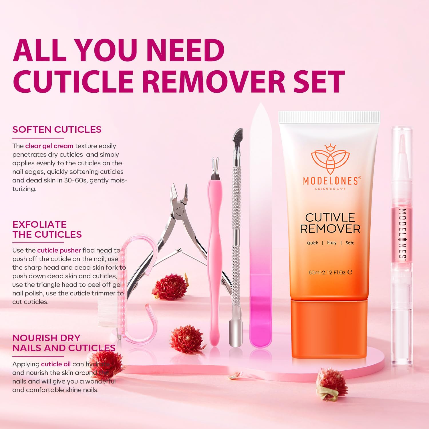 Modelones Cuticle Remover, Nail Kit Cuticle Trimmer Pusher Remover Liquid | Manicure Kit for Women Cuticle Oil Pen Nail Stuff & File Cuticle Nippers & Cutter Nail Tools Manicure Set Nail Care Prep Kits