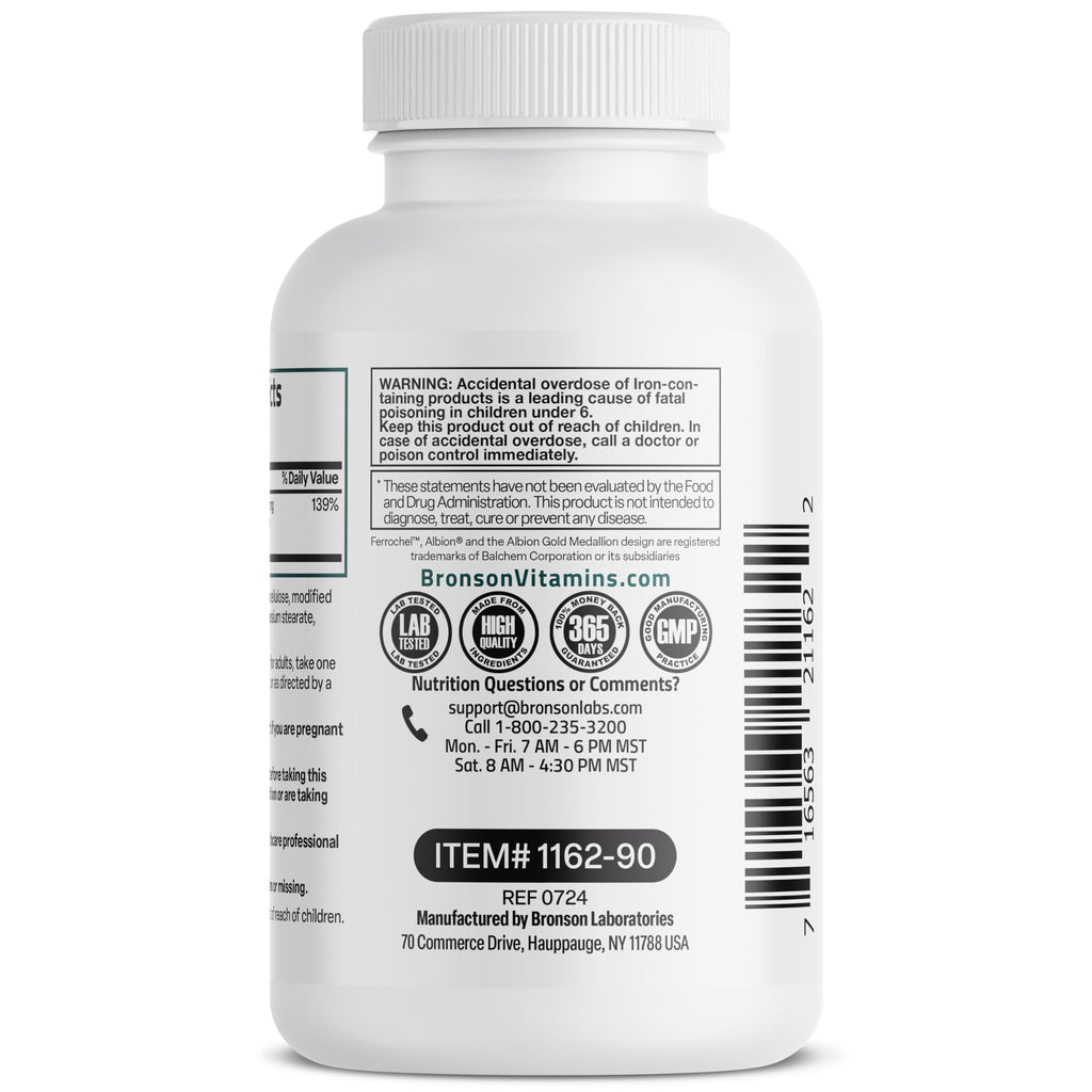 Bronson Iron Bisglycinate 25 mg, 90 Vegetarian Capsules | Gentle on the Stomach, Non-Constipating, Supports Energy & Red Blood Cell Production, Non-GMO, Gluten-Free & Soy-Free
