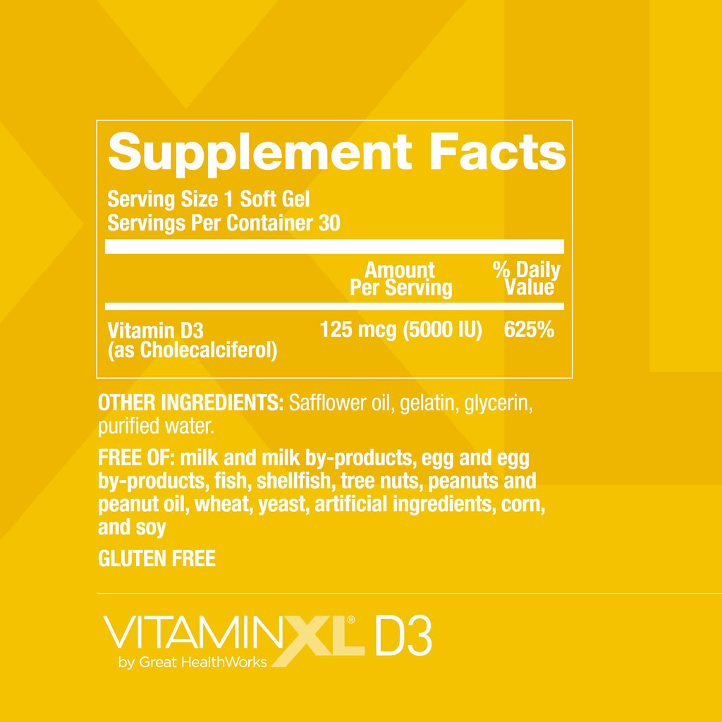 OmegaXL VitaminXL D3 High Potency Daily Vitamin D 5000 IU 30 Softgels | 125mcg, Immune Support Supplement, Promotes Healthy Muscle Function & Strong Bones, Non-GMO, Gluten-Free