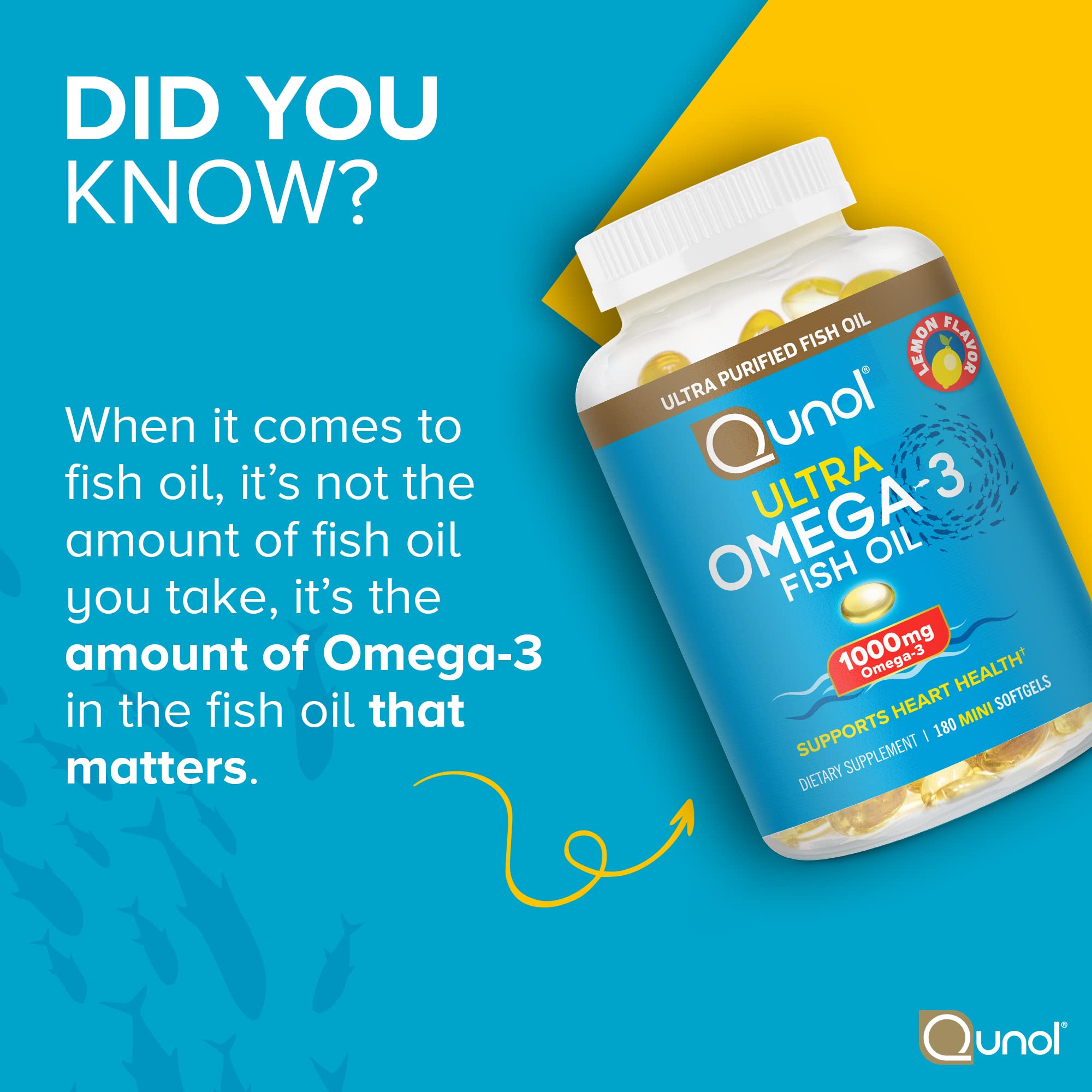 Qunol Ultra Omega-3 Fish Oil Mini Softgels, 1000mg EPA + DHA, 180ct | High Potency, Ultra-Purified Fish Oil, Support Heart Health and Brain Health, Lemon Flavor, Easy to Swallow Minis; Non-GMO