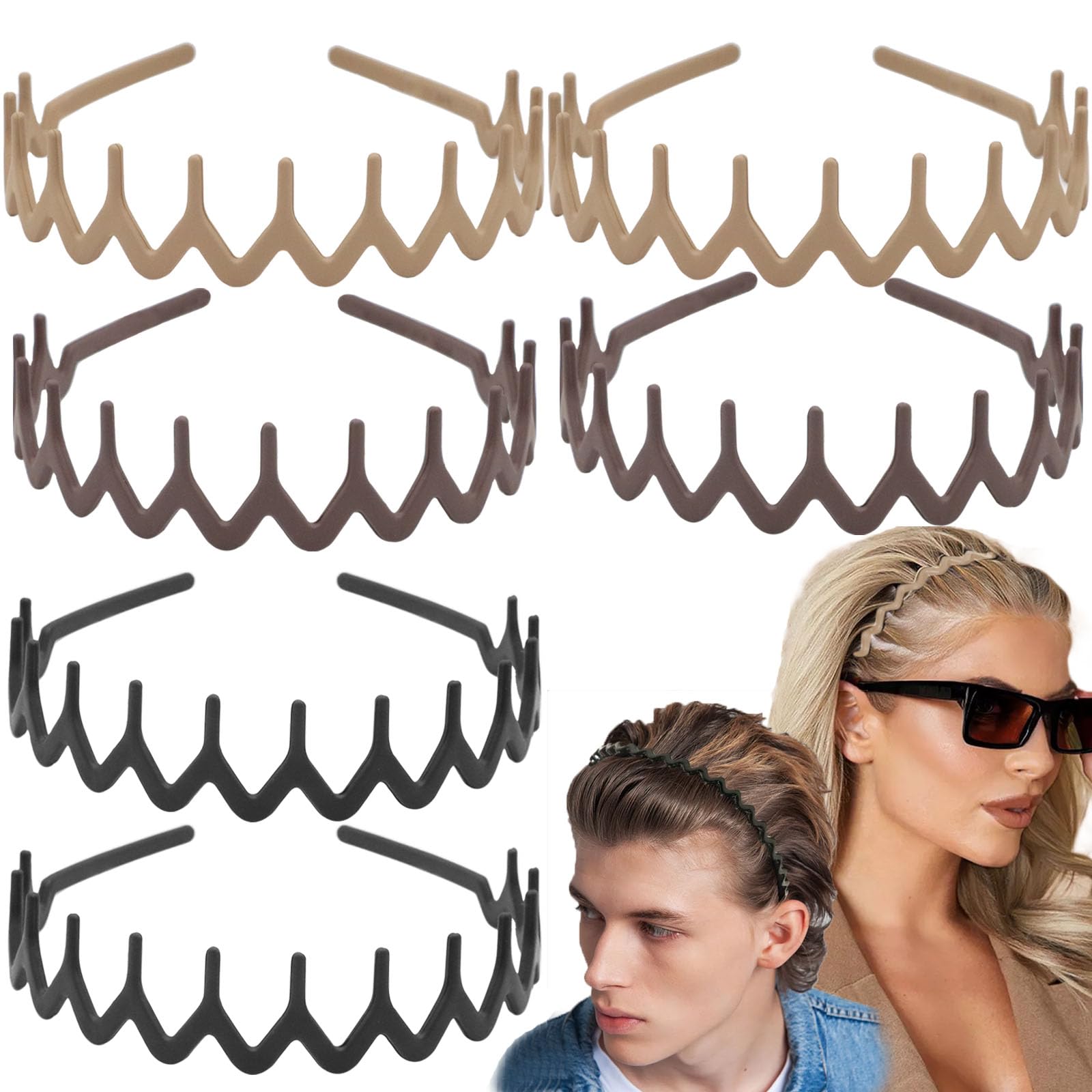 6 PCS Zig Zag Headbands Plastic Wavy Hair Head Band Comb with Teeth Hoop Accessories for Women Men Girls, Matte Morandi