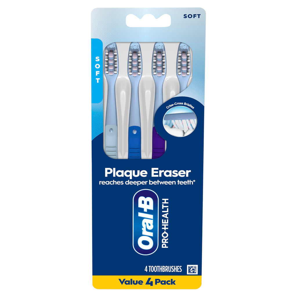 Oral-B Toothbrush Pro-Health Plaque Eraser Manual Toothbrush, Reaches Deeper Between Teeth, Soft, 4 Count