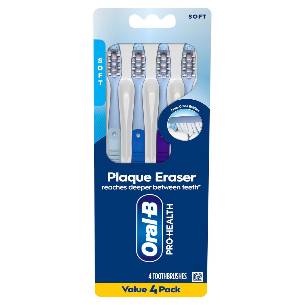 Oral-B Toothbrush Pro-Health Plaque Eraser Manual Toothbrush, Reaches Deeper Between Teeth, Soft, 4 Count