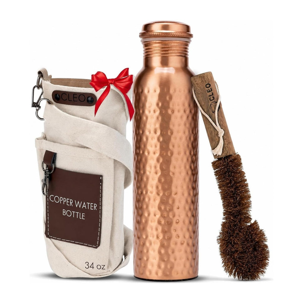 CLEO HOME 100% Pure Copper Water Bottle for Drinking, 34 Oz Hammered Ayurvedic Copper Bottle for Drinking Water | Leak-Proof & Eco-Friendly | For Yoga, Office, Travel with Canvas Carry Bag & Brush