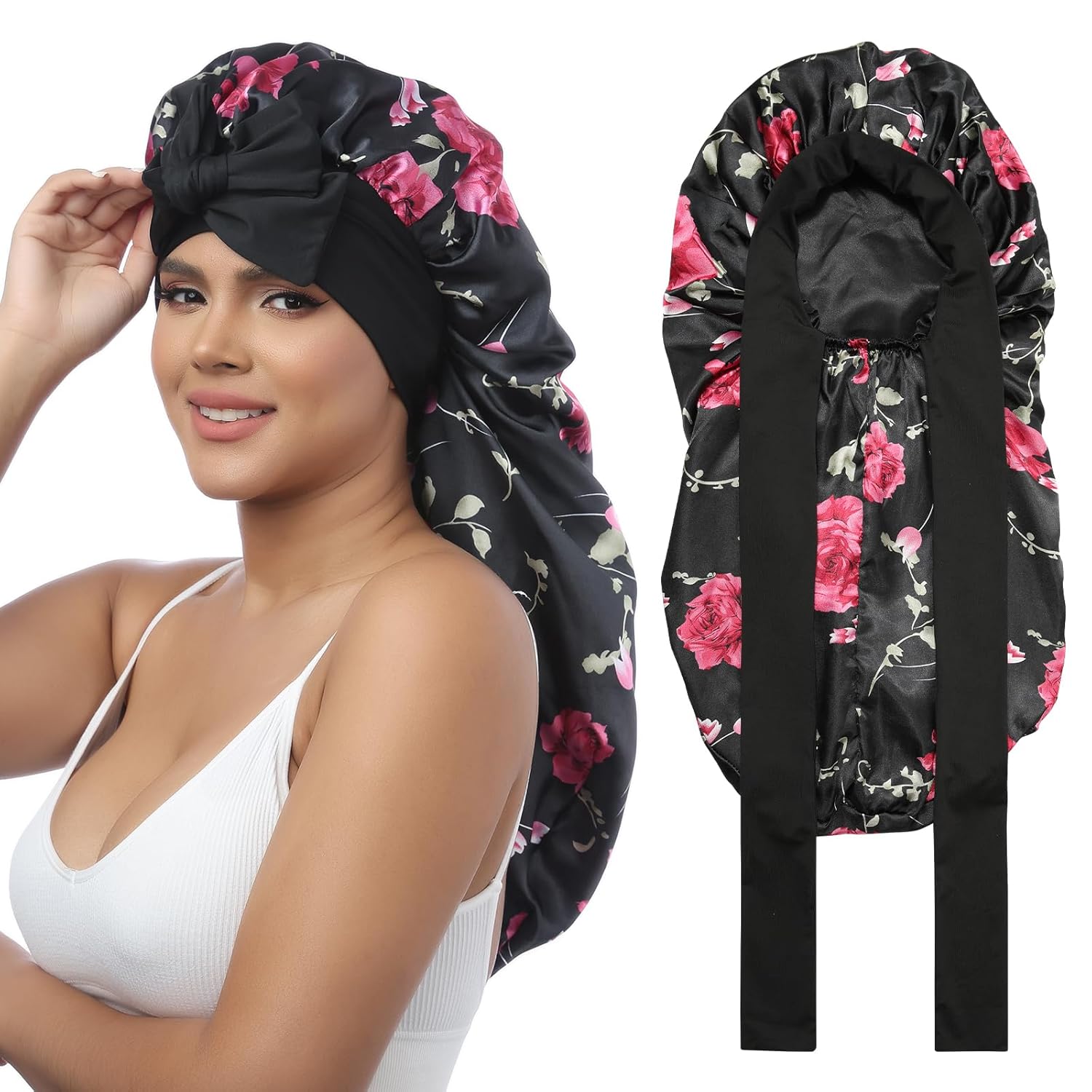 Buy now AWAYTR Long Satin Bonnet for Women - Double Layer Elastic Silk Bonnet for Braids Hair Sleeping Cap with Tie Band (Rose Gold) One Size Flower C at indiglob india