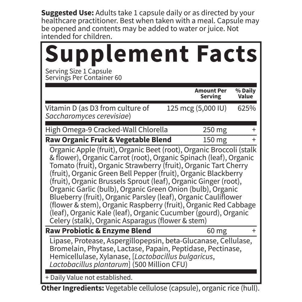 Garden of Life Vitamin D3 5000 IU, Raw Whole Food Supplements with Chlorella, Fruit, Veggies & Probiotics for Bone & Immune Health, 60 Vegetarian Capsules (Pack of 6)