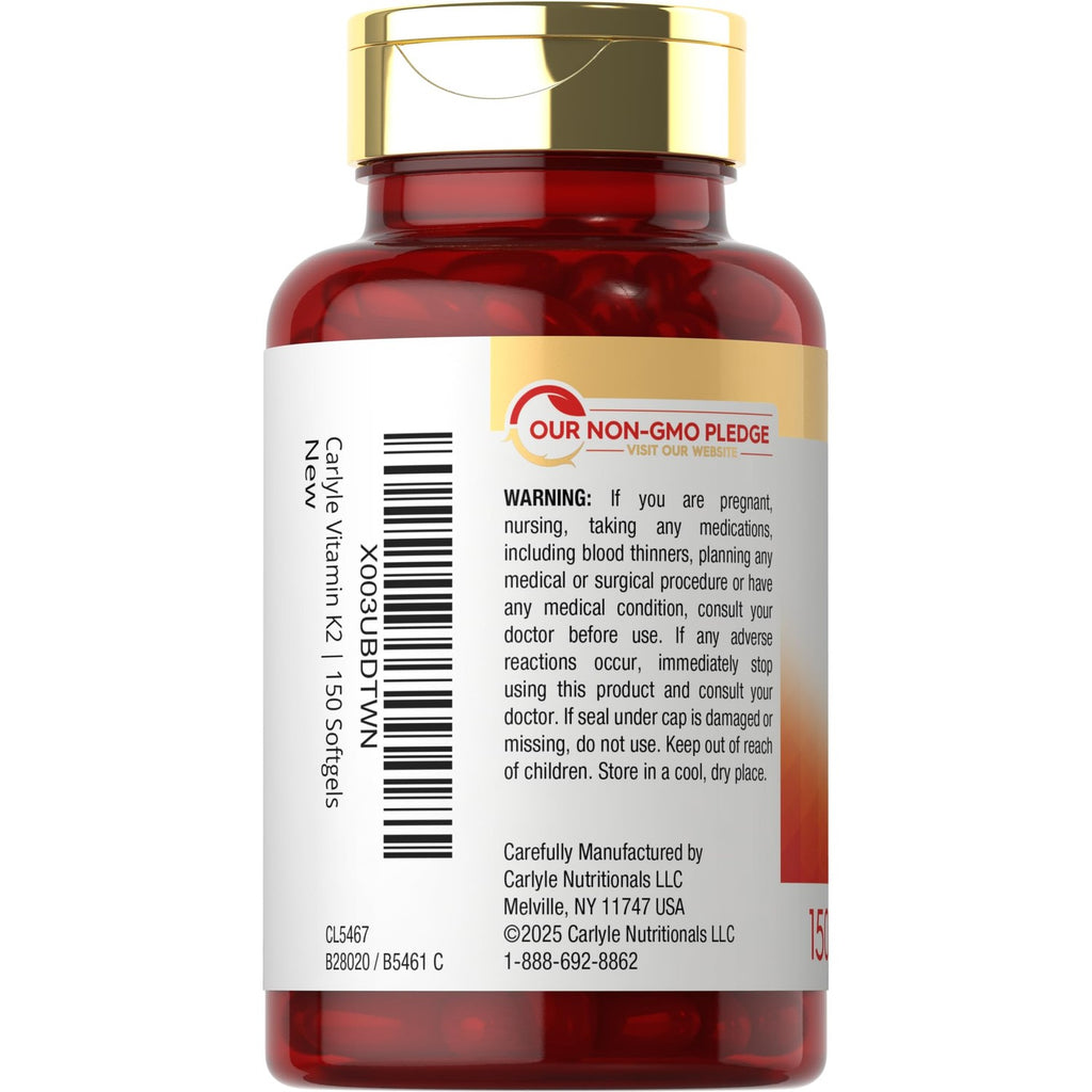 Carlyle Vitamin K2 MK7 100 mcg | 150 Softgels | Bioactive Trans-Form MK7 | Non-GMO & Gluten Free Supplement