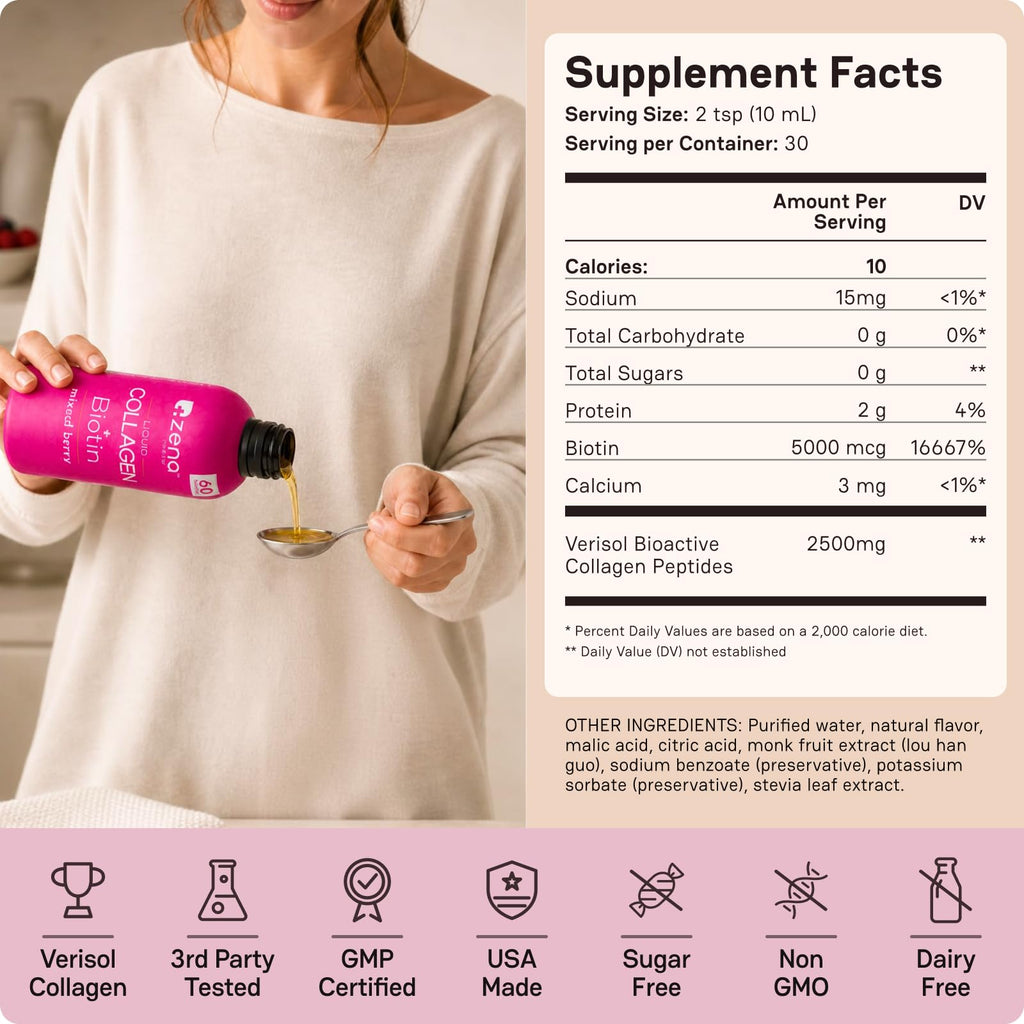 Zena Nutrition Liquid Collagen for Women, Healthier Skin, Hair & Nail, Verisol Collagen Liquid, Biotin and Collagen Peptides Supplements for Women - 10oz