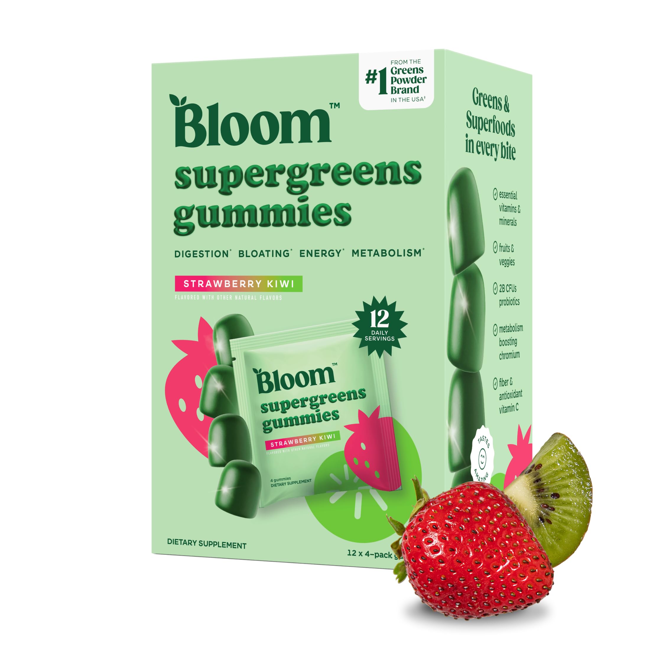 Bloom Nutrition Super Greens Gummies, Strawberry Kiwi, 12 Servings | Daily Superfood Fiber Gummies with Fruits, Vegetables, Vitamins & Minerals for Digestive & Gut Health, Bloating Support