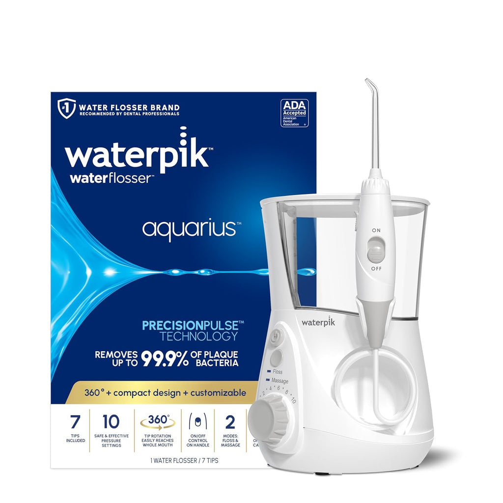 Buy now Waterpik Aquarius Water Flosser For Teeth Cleaning, Gums, Braces, Dental Care, Electric Power With 10 Settings, 7 Tips For Multiple Users And Needs, ADA Accepted, White WP-660, Packaging May Vary White at indiglob india