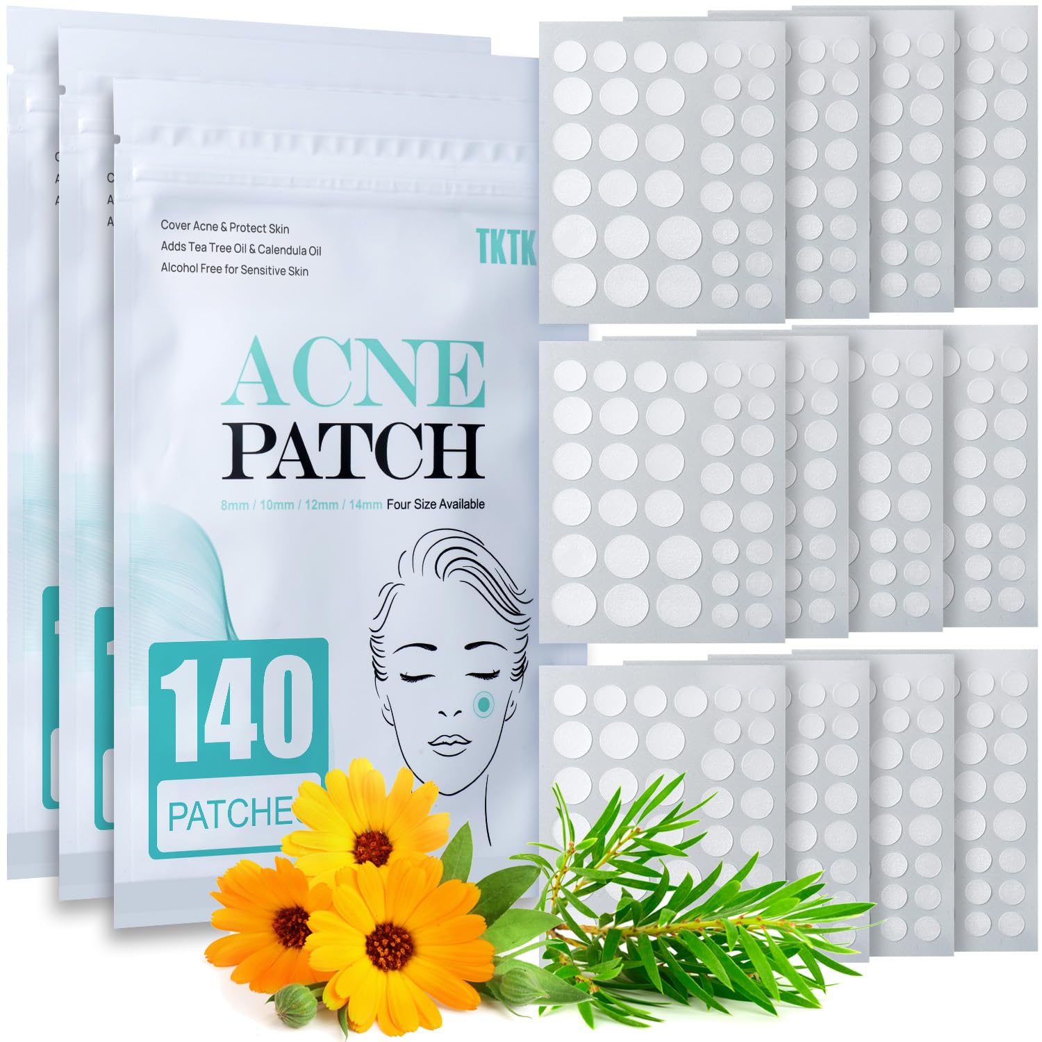 TKTK Pimple Patch for Face, Hydrocolloid Acne Absorbing Dots, 4 Sizes 140CT | Invisible Acne Patches Zit Stickers with Tea Tree & Calendula Oil, for Blemishes & Breakouts,Safe for Sensitive Skin