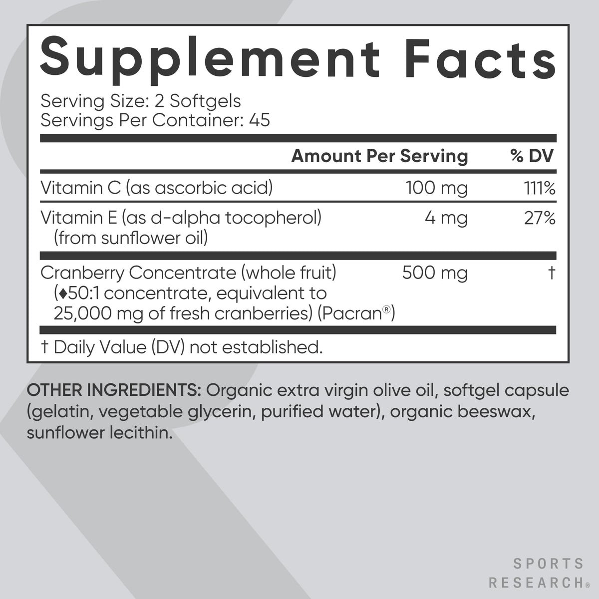 Sports Research® Cranberry Fruit Complex 500mg, 90 Softgels