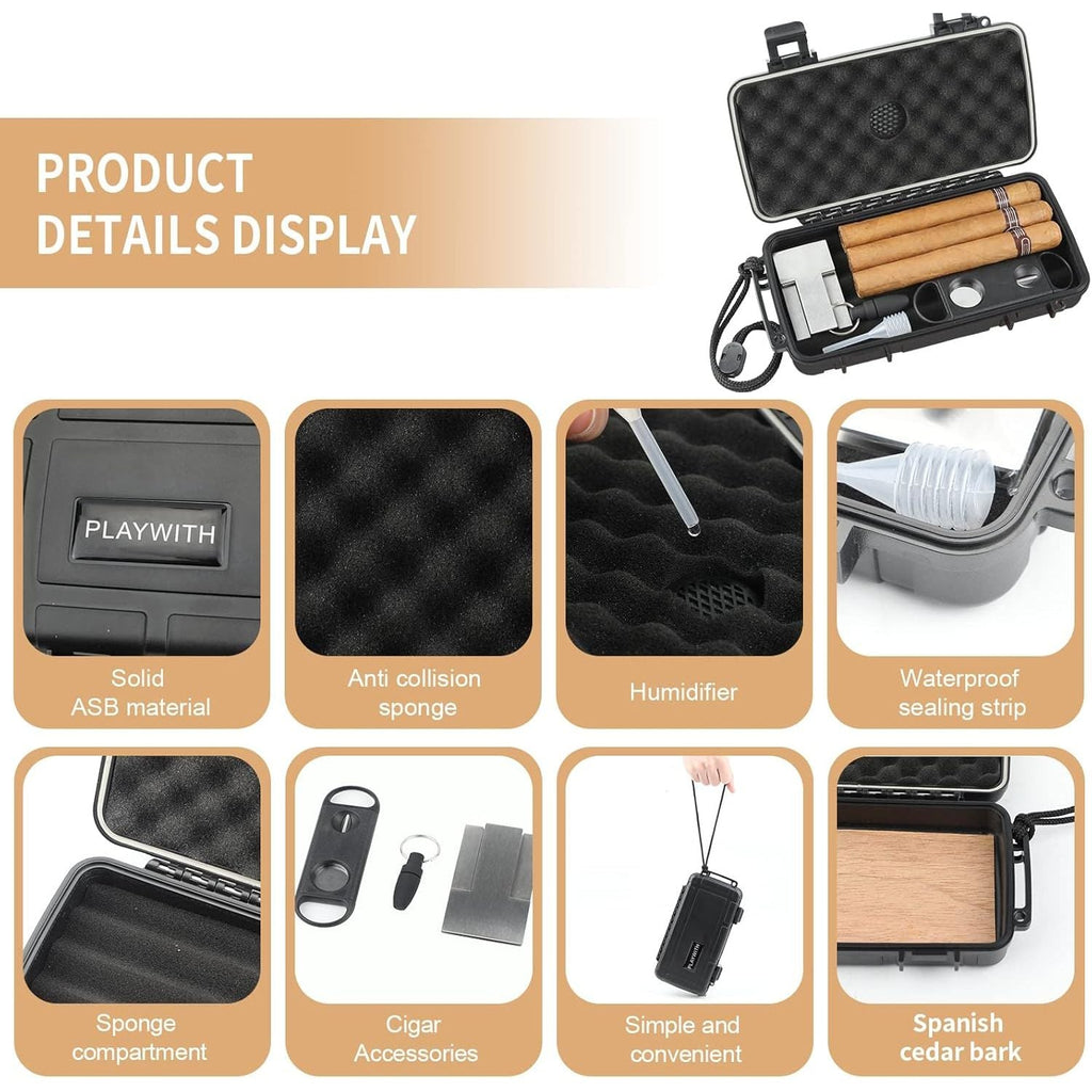 Buy now Travel Humidor Box With Cigar Accessories - Spanish Cedar, Humidifier, Cutter, Stand, Punch - Holds 4-5 Cigars - Waterproof, Crushproof, Airtight Seal at indiglob india