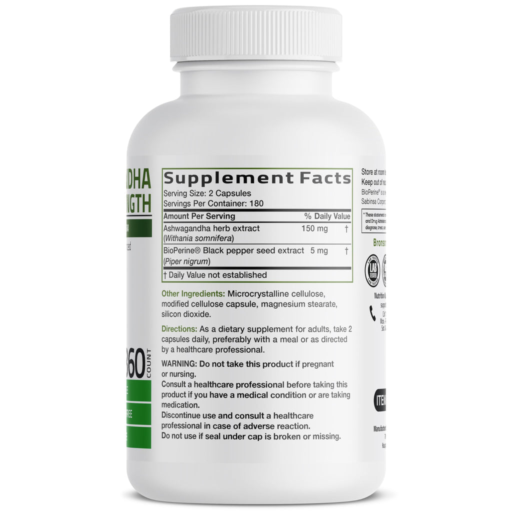 Bronson Ashwagandha Extra Strength Stress & Mood Support 360 Capsules | Vegetarian, Non-GMO, Gluten-Free, Soy-Free, BioPerine for High Absorption