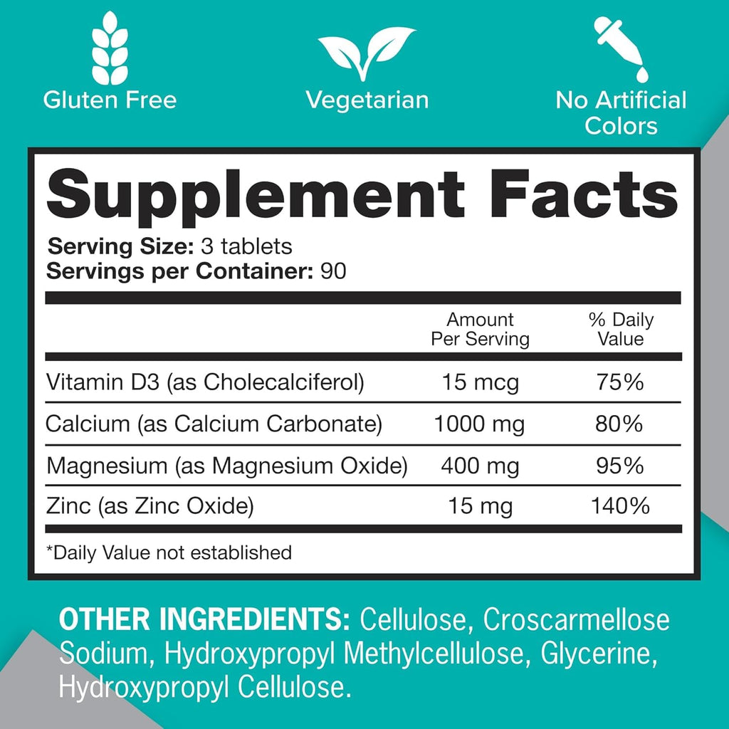 Qunol Calcium Magnesium Zinc 3-in-1 Tablet, Immune System Support, 270ct | Support Nerve, Bone & Muscle Health, Cognitive Performance, Healthy Stress Response, Restful Sleep; Vegetarian, Gluten-Free
