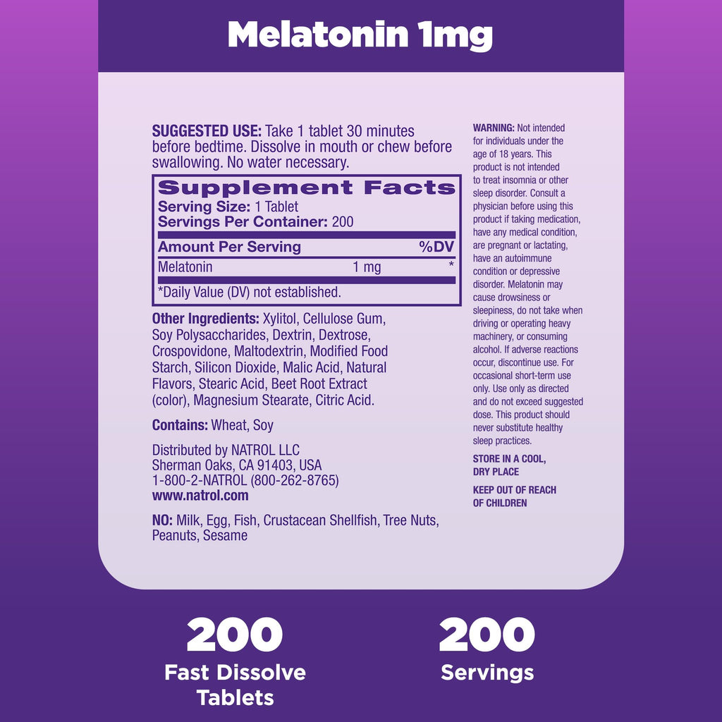 Natrol Melatonin 1 mg Fast Dissolve Tablets, Strawberry, 200 Count | Nighttime Sleep-Aid for Adults, 100% Drug-Free, Non-Habit Forming, For Occasional Sleeplessness, Supports Circadian Rhythm