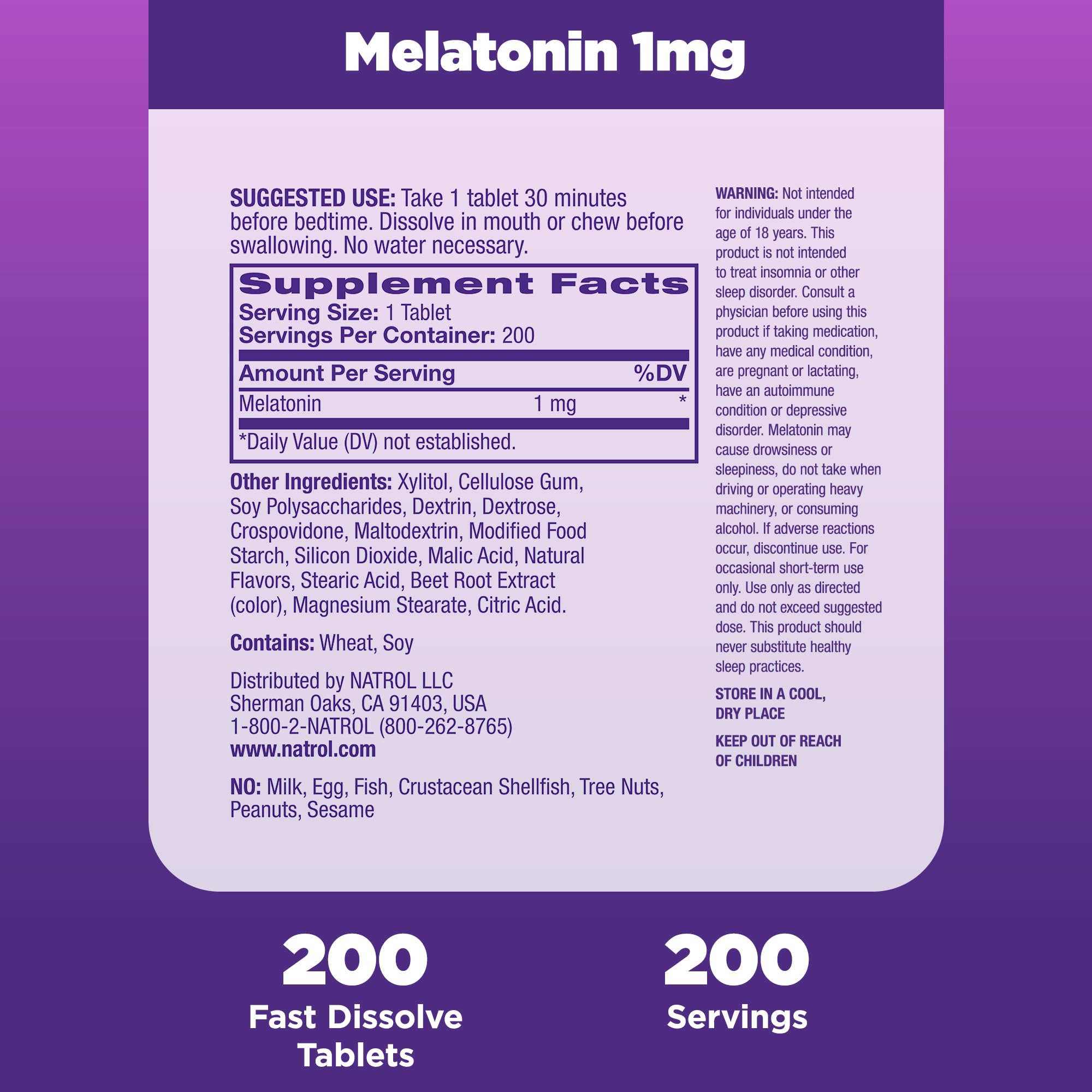 Natrol Melatonin 1 mg Fast Dissolve Tablets, Strawberry, 200 Count | Nighttime Sleep-Aid for Adults, 100% Drug-Free, Non-Habit Forming, For Occasional Sleeplessness, Supports Circadian Rhythm