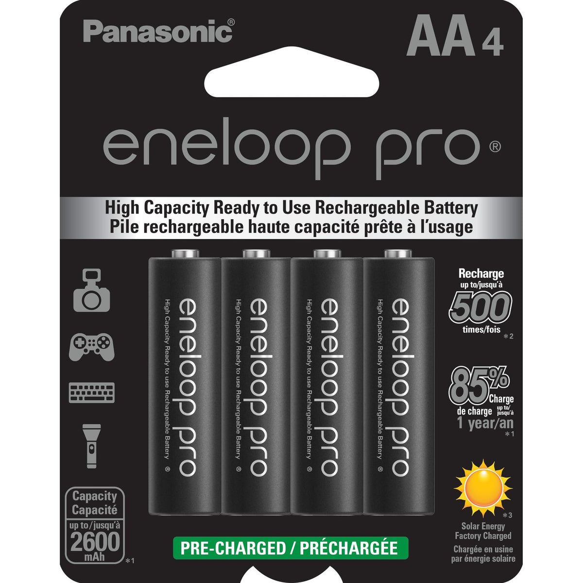 Panasonic BK-3HCCA4BA eneloop pro AA High-Capacity Ni-MH Pre-Charged Rechargeable Batteries, 4-Battery Pack