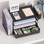 Buy now gianotter Wood Desk Organizers and Accessories with File Holder, 4-Tier Desk Accessories & Workspace Organizers with Drawer and Pen Holder, Paper Organizer for Office Supplies (Black) at indiglob india