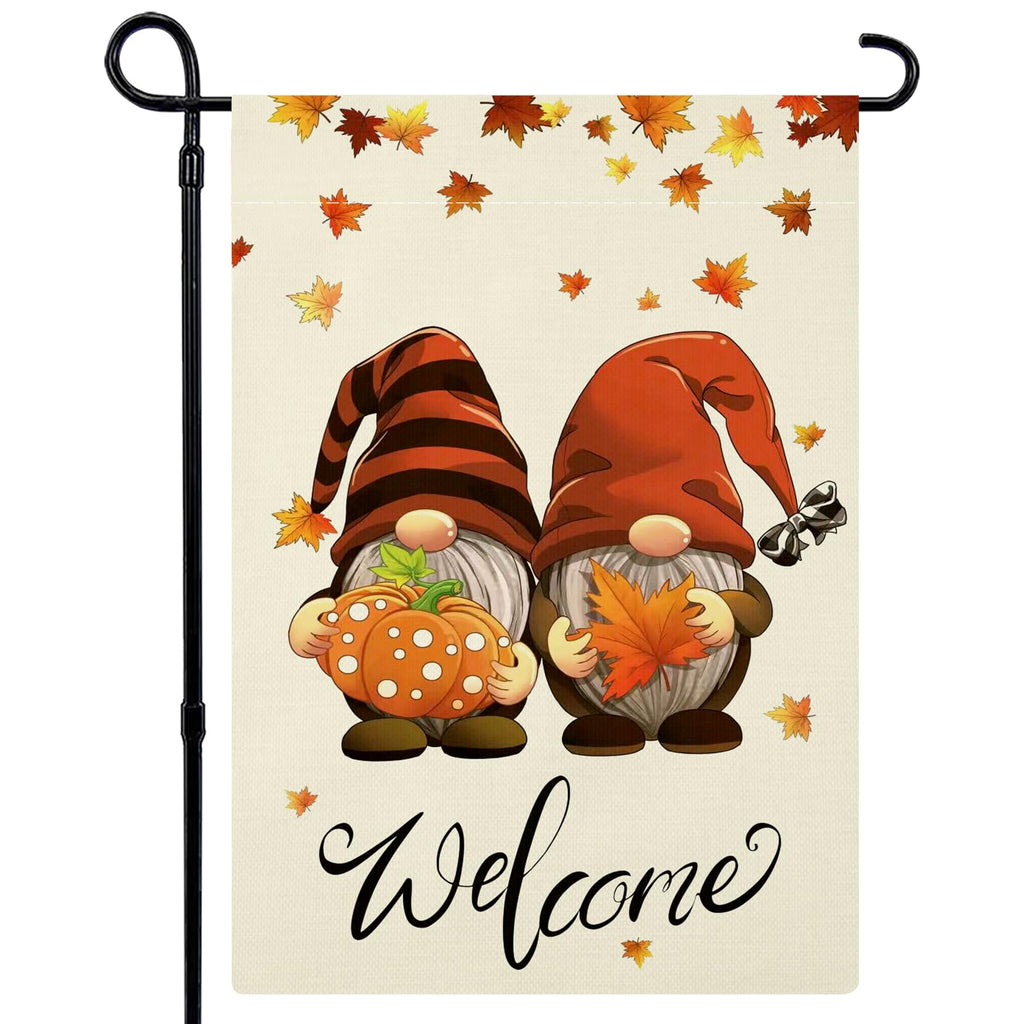 Fall Garden Flag Double Sided, Welcome Gnomes Fall Flag Yard Flag for Seasonal Outdoor Decoration 12x18 Inch
