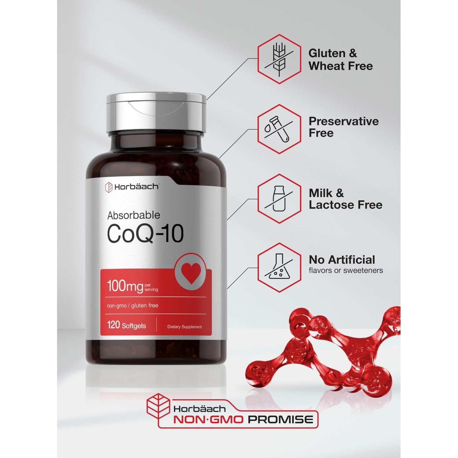 Horbäach CoQ10 100mg Softgels | 120 Count | Non-GMO and Gluten Free Supplement