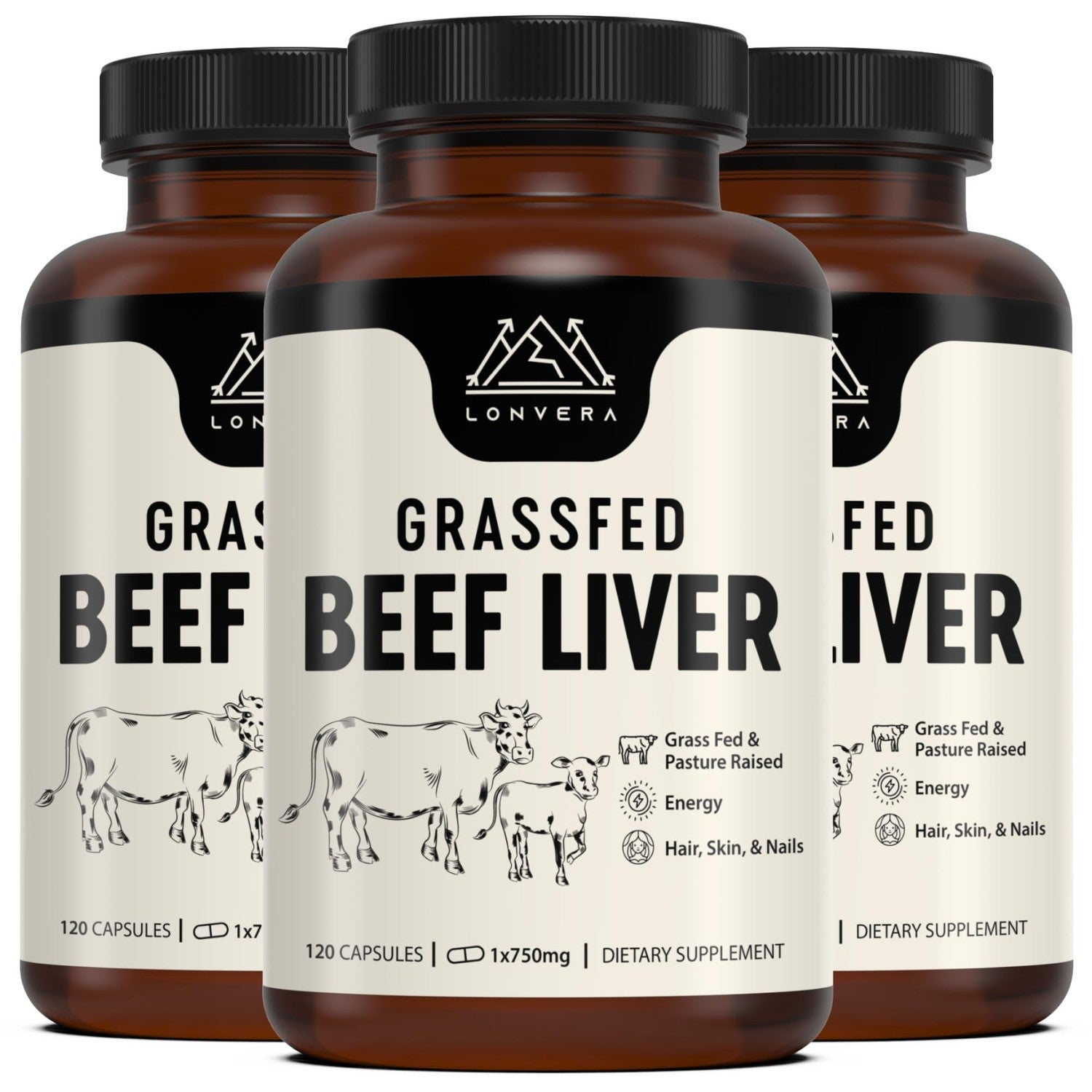 Lonvera Grass Fed Beef Liver Supplement – 3000mg Freeze Dried Desiccated Organs – Nutrient Source for Joints, Bones, Hair, Skin, Nails & Daily Energy – 120 Pasture-Raised Capsules - 90 Day Supply