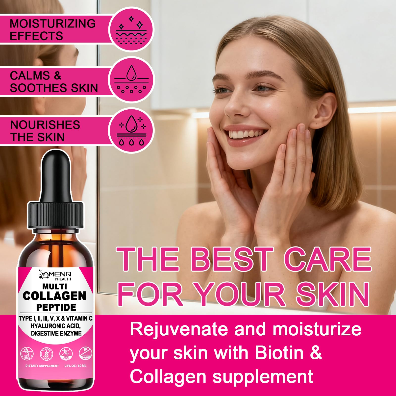 Liquid Collagen for Women & Men, Hydrolyzed Multi Collagen Peptides Drops | Types I, II, III, V & X Collagen Protein Complex (Colageno) with Hyaluronic Acid, Biotin & Vitamin C for Hair, Skin & Nails