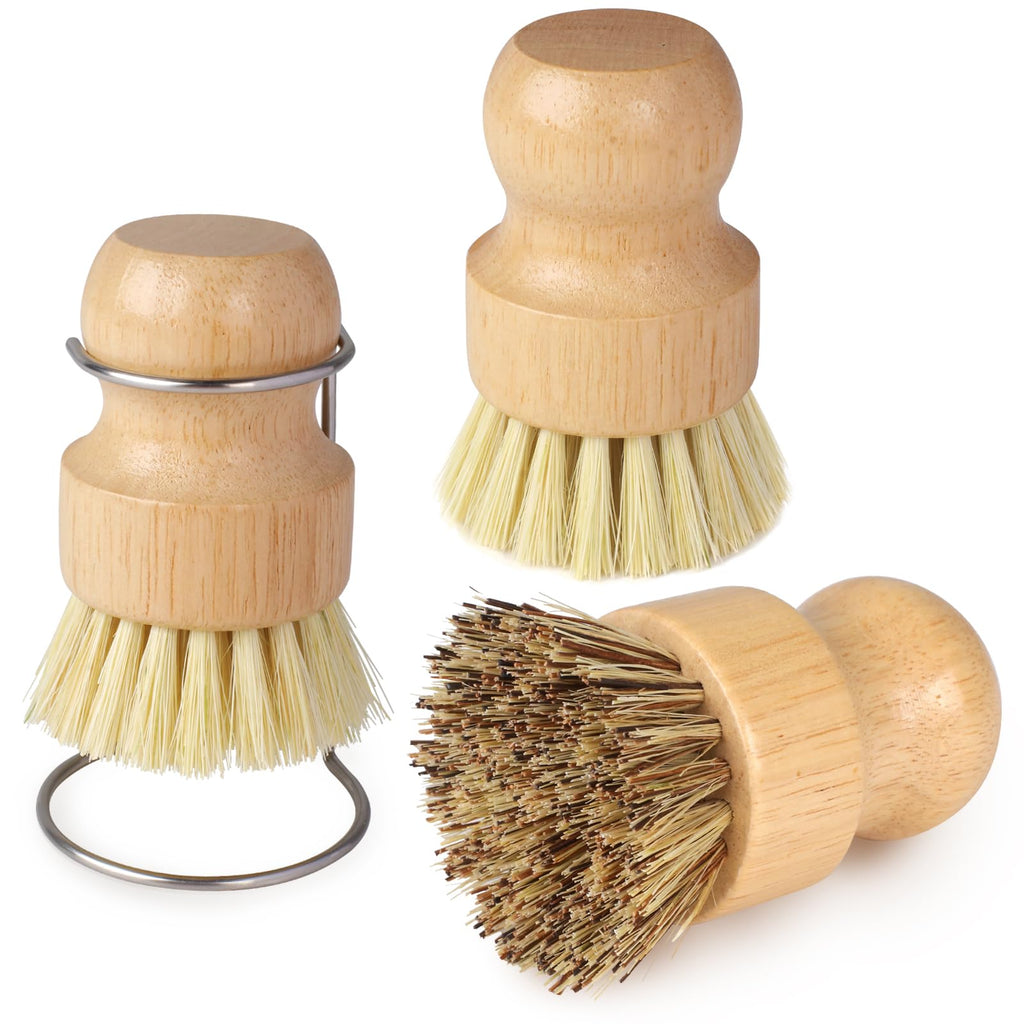 Bamboo Dish Brush Set with Holder, 2 Sisal & 1 Palm Scrub Brush