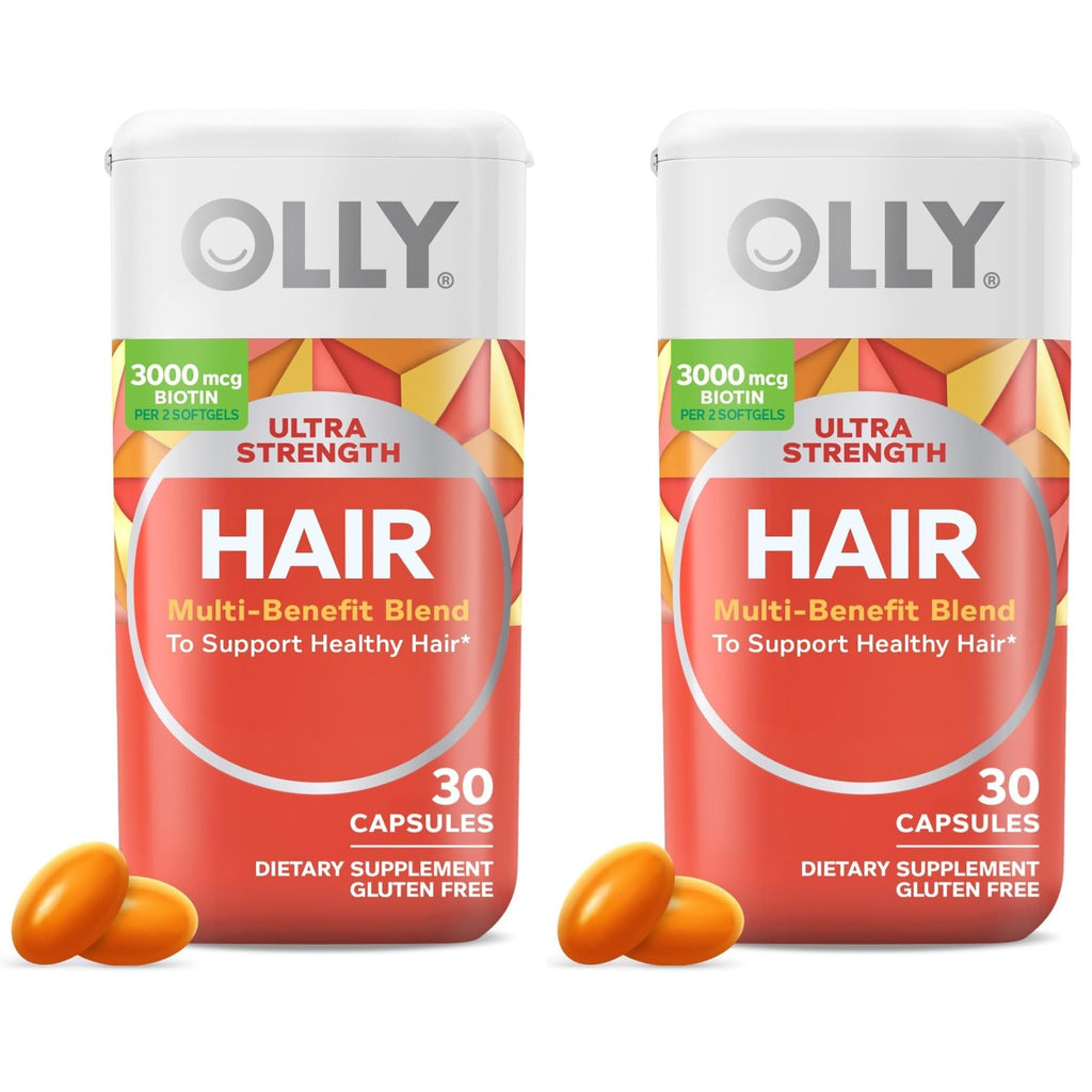 OLLY Ultra Strength Hair Softgels,Supports Hair Health,Biotin,Keratin,Vitamin D,B12,Hair-Supplement,30 Day Supply - (Packaging May Vary),30 Count (Pack of 2)