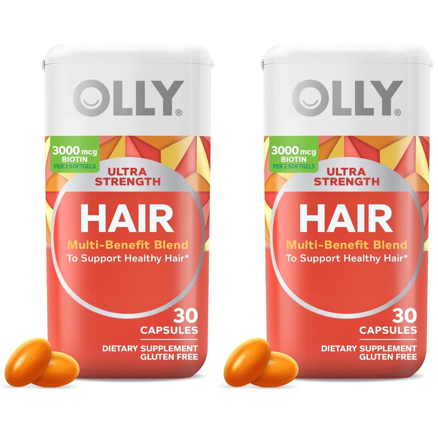 OLLY Ultra Strength Hair Softgels,Supports Hair Health,Biotin,Keratin,Vitamin D,B12,Hair-Supplement,30 Day Supply - (Packaging May Vary),30 Count (Pack of 2)