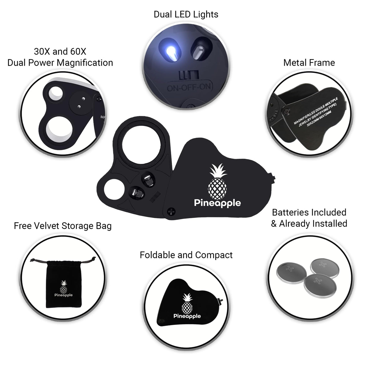 Pineapple 30X 60X Jewelers Loupe Magnifier with Light, Lighted Magnifying Glass Jewelry Loop, Pocket Magnifier for Coins, Jewelry, Plants, Currency, Diamonds, Stamps (Black)