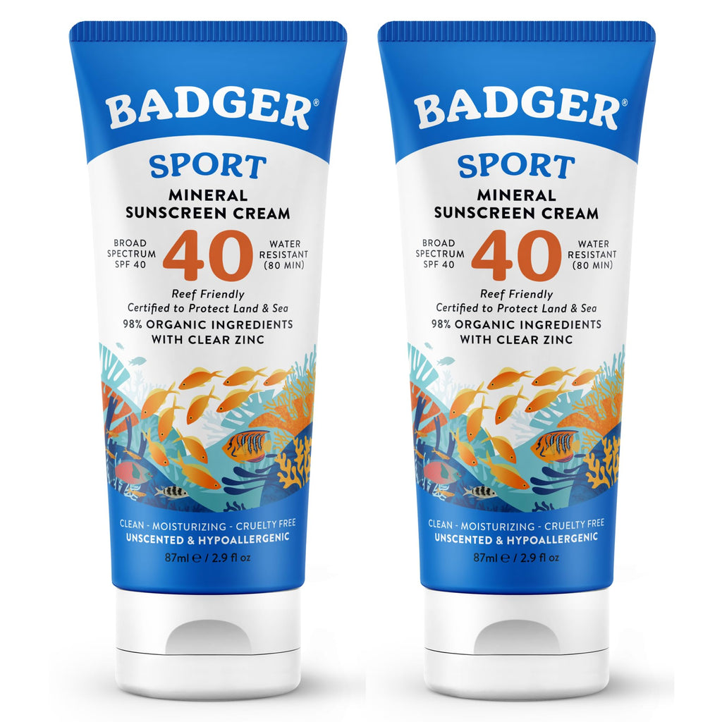 Badger Sport Mineral Sunscreen, Reef Safe, SPF 40, 98% Organic with Zinc Oxide, Water Resistant, Hawaii Reef Act 104 Compliant, Unscented & Hypoallergenic, For Sports & Adventures, 2.9 fl oz, 2-Pack