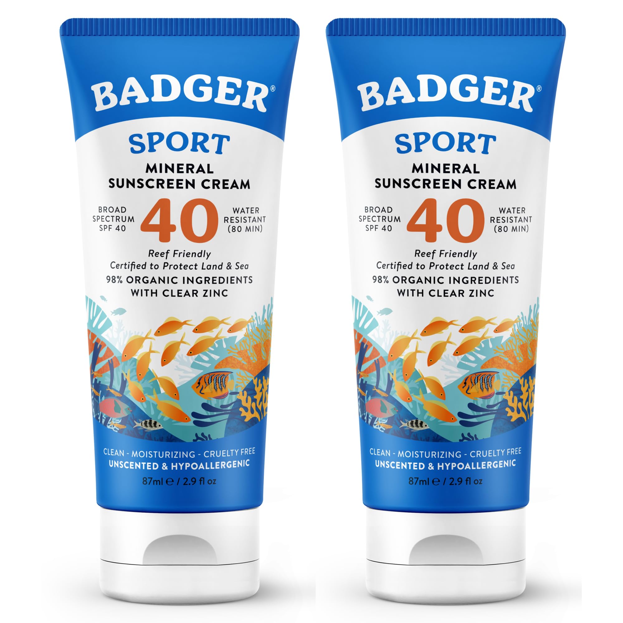 Badger Sport Mineral Sunscreen, Reef Safe, SPF 40, 98% Organic with Zinc Oxide, Water Resistant, Hawaii Reef Act 104 Compliant, Unscented & Hypoallergenic, For Sports & Adventures, 2.9 fl oz, 2-Pack