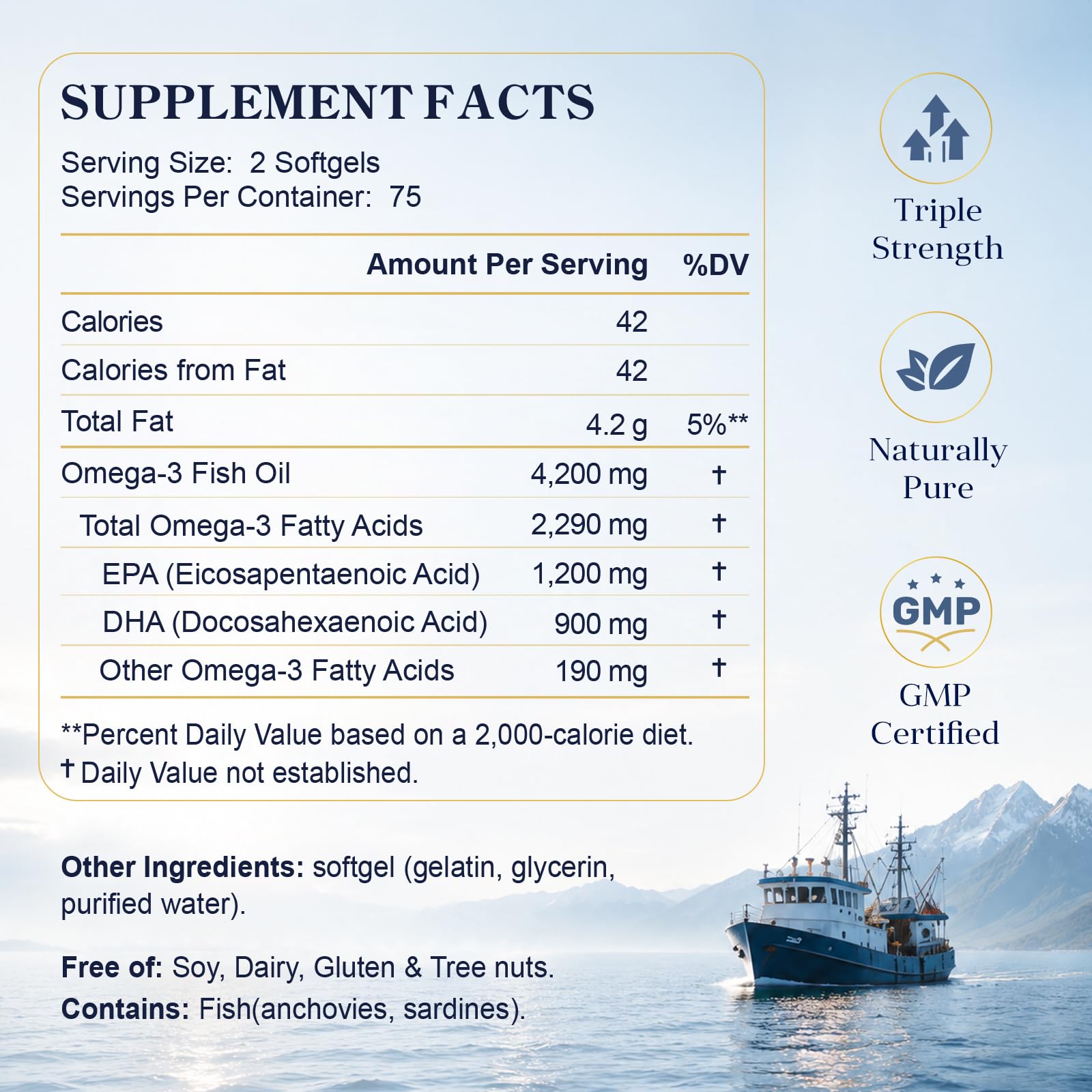 Omega-3 Fish Oil Supplements 4200mg, Burpless Mini Softgels, Wild-Caught | Triple Strength, High Purity EPA & DHA for Brain, Heart & Eye Health, Non-GMO, Third-Party Tested | 150 Softgels