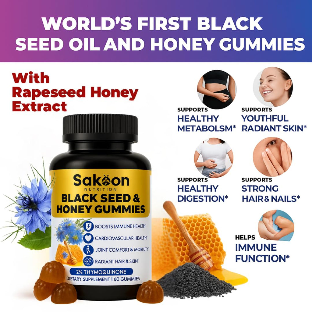 Sakoon Nutrition Black Seed Oil Gummies with Honey – Black Cumin Seed Oil (Nigella Sativa) with 2%+ Thymoquinone – Immune, Joint, Digestion, Hair & Skin Support – 60 Halal Gummies