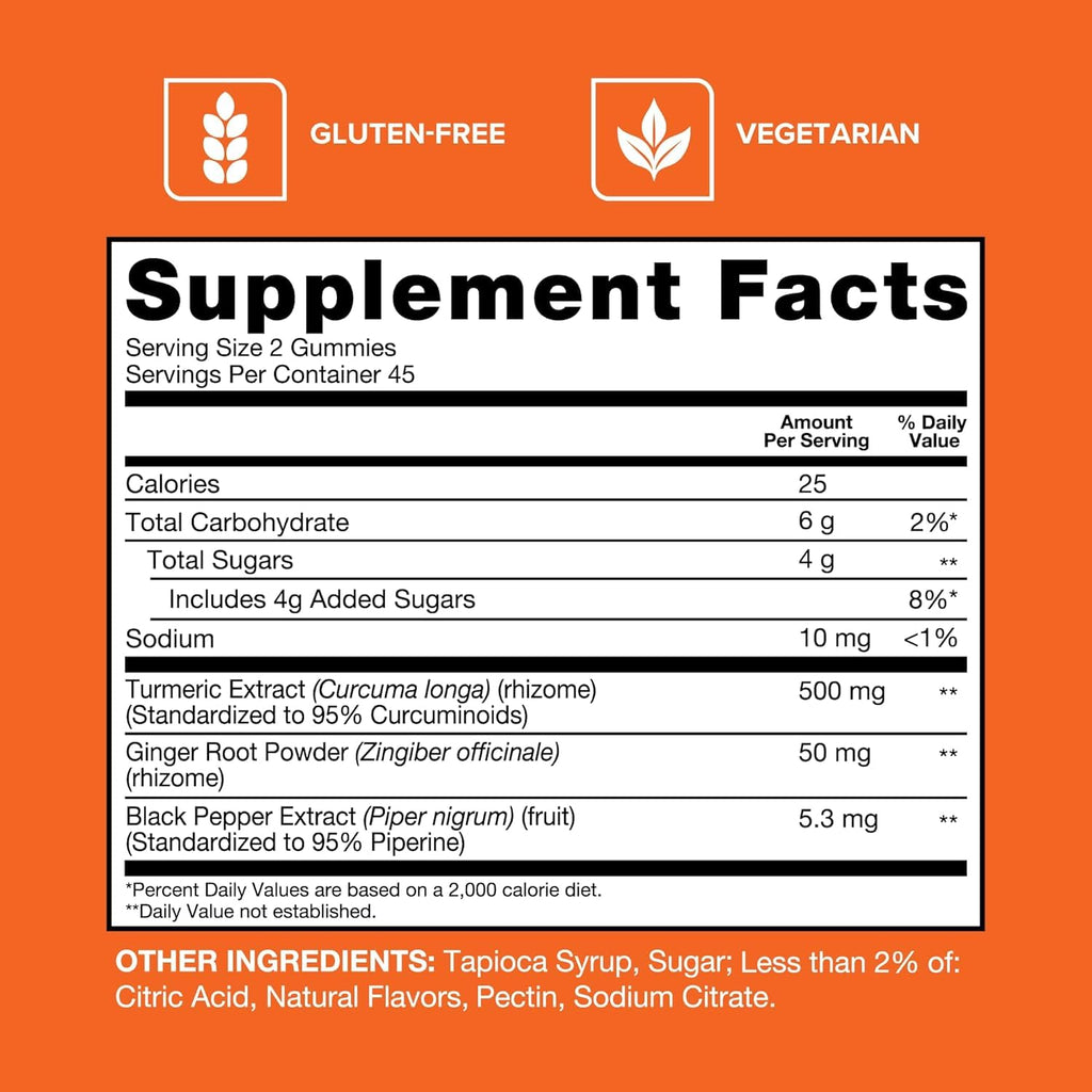 Qunol Turmeric + Black Pepper & Ginger Gummy 550mg Enhanced Absorption 90ct | Gluten Free Supplement that Supports Joint Health and a Healthy Inflammation Response, Delicious Pineapple Mango Flavor