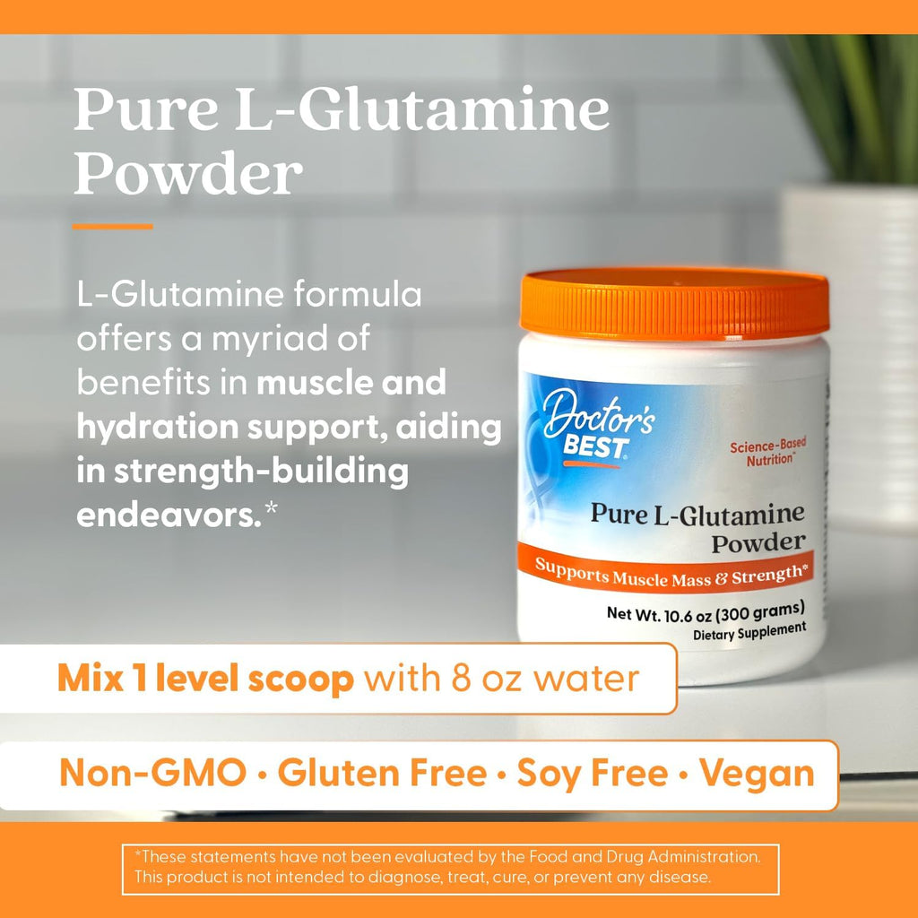 Buy now Doctors Best Pure L-Glutamine Powder, Supports Muscle Mass & Strength, Non-GMO, Gluten Free, Soy Free, Vegan Net Wt. 10.6 oz (300 Grams) at indiglob india