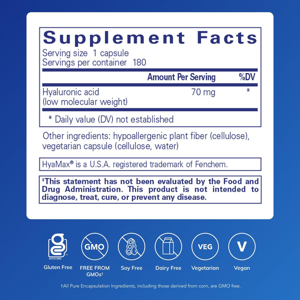 Pure Encapsulations Hyaluronic Acid, 180 Capsules | For Skin Hydration, Joint Lubrication and Joint Health*, Effective Absorption, Gluten-Free, Vegan and Non-GMO