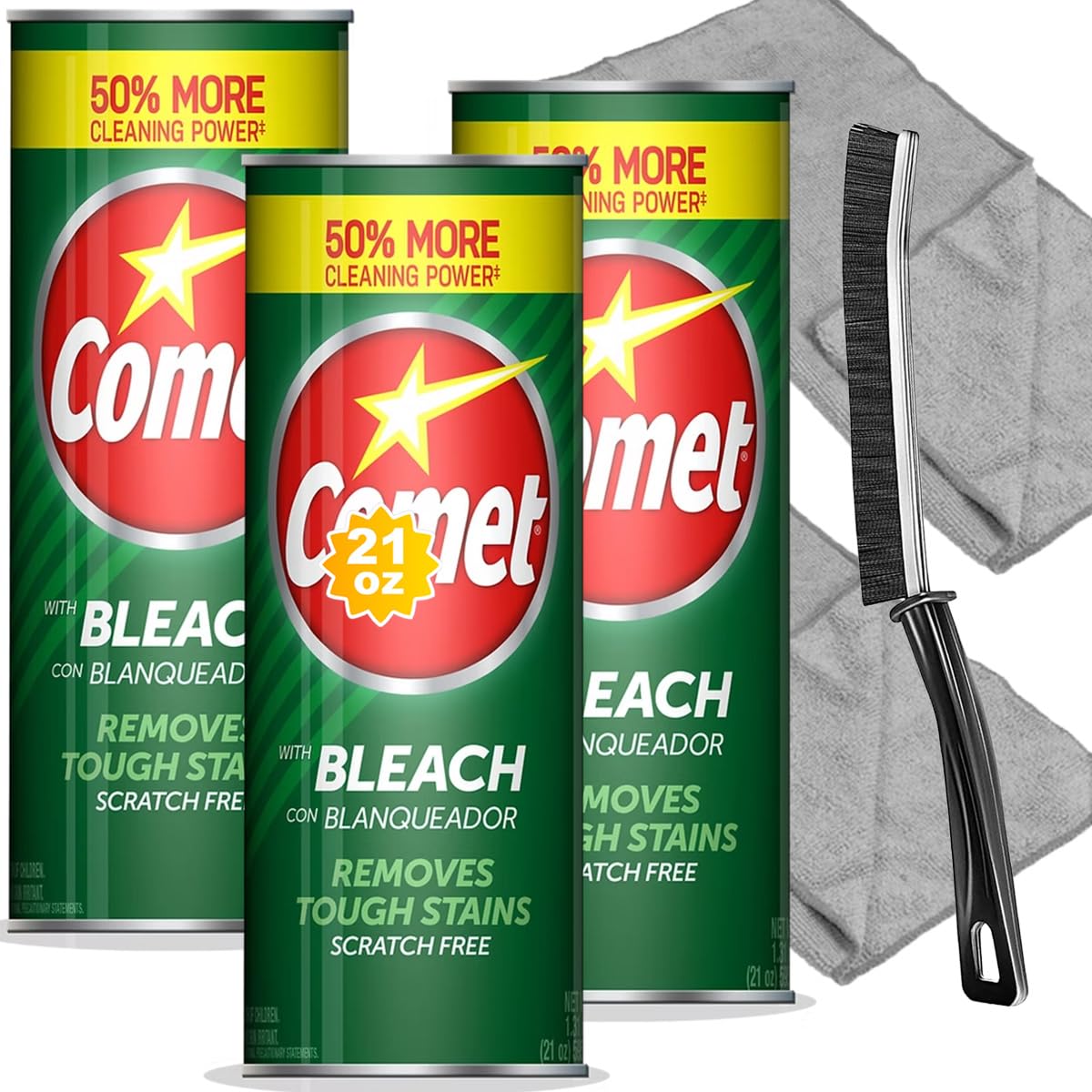 Cleaning Bundle: Comet Powder Cleanser with Bleach, 21 oz Bottles, 3 Pack + 2 Microfiber Cloths + 1 Narrow Brush