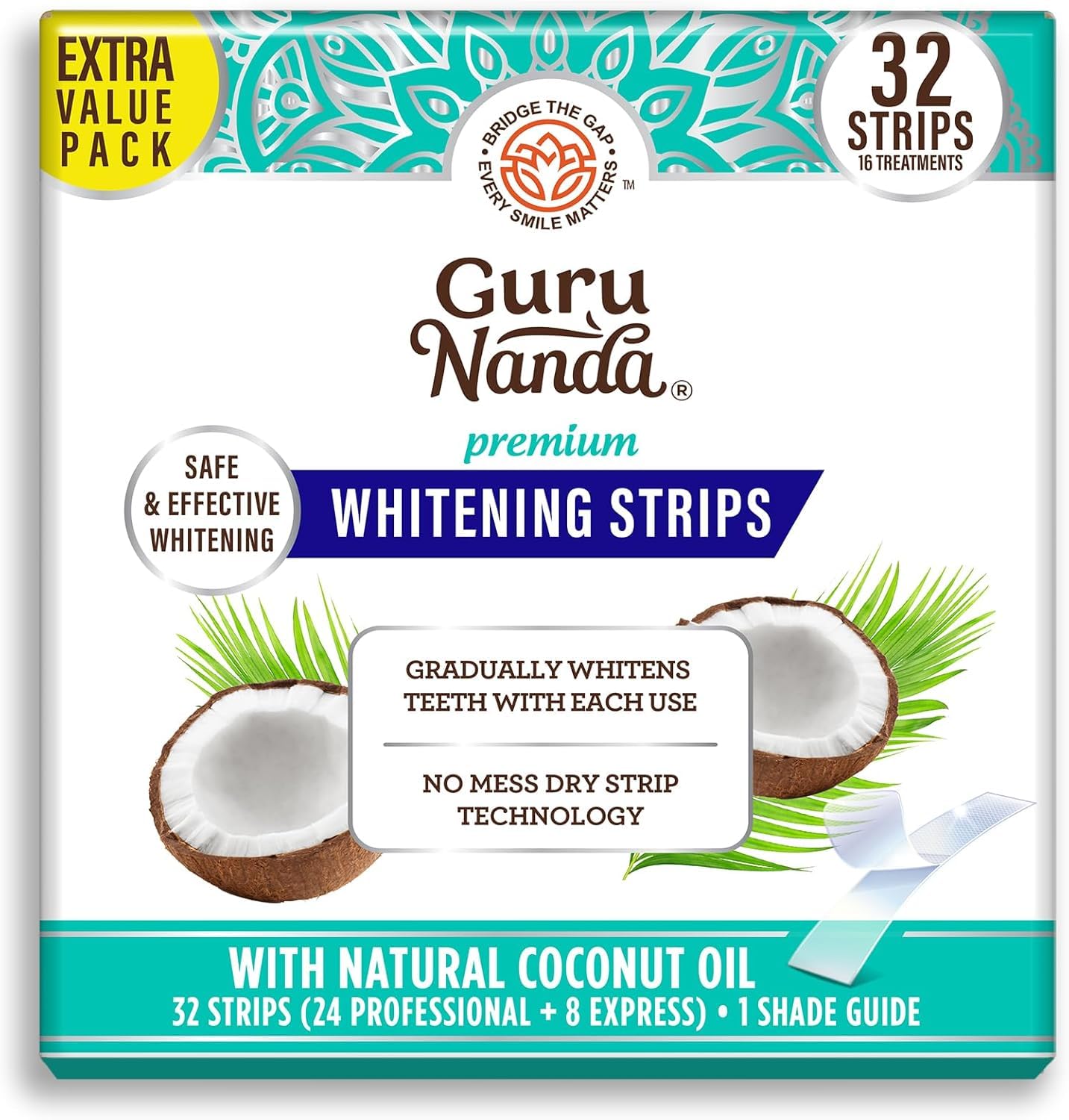 Buy now GuruNanda Teeth Whitening Strips - 7-Day Treatment with Non-Slip, Dry Strip Technology - Whitening Designed with Care for a Brighter Smile 32 Count (Pack of 1) at indiglob india