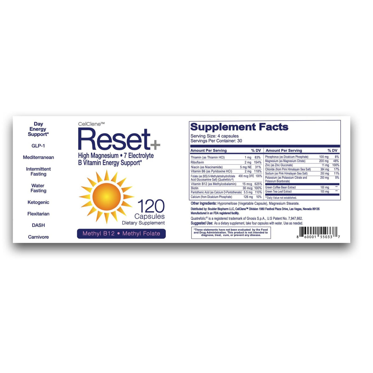 Reset+, 7 Energy Electrolytes, High Methyl B12, Methyl Folate, Pink Salt, High Magnesium, Super B Complex, Green Tea & Green Coffee Extracts, Biotin, Zinc, 72 Trace Minerals