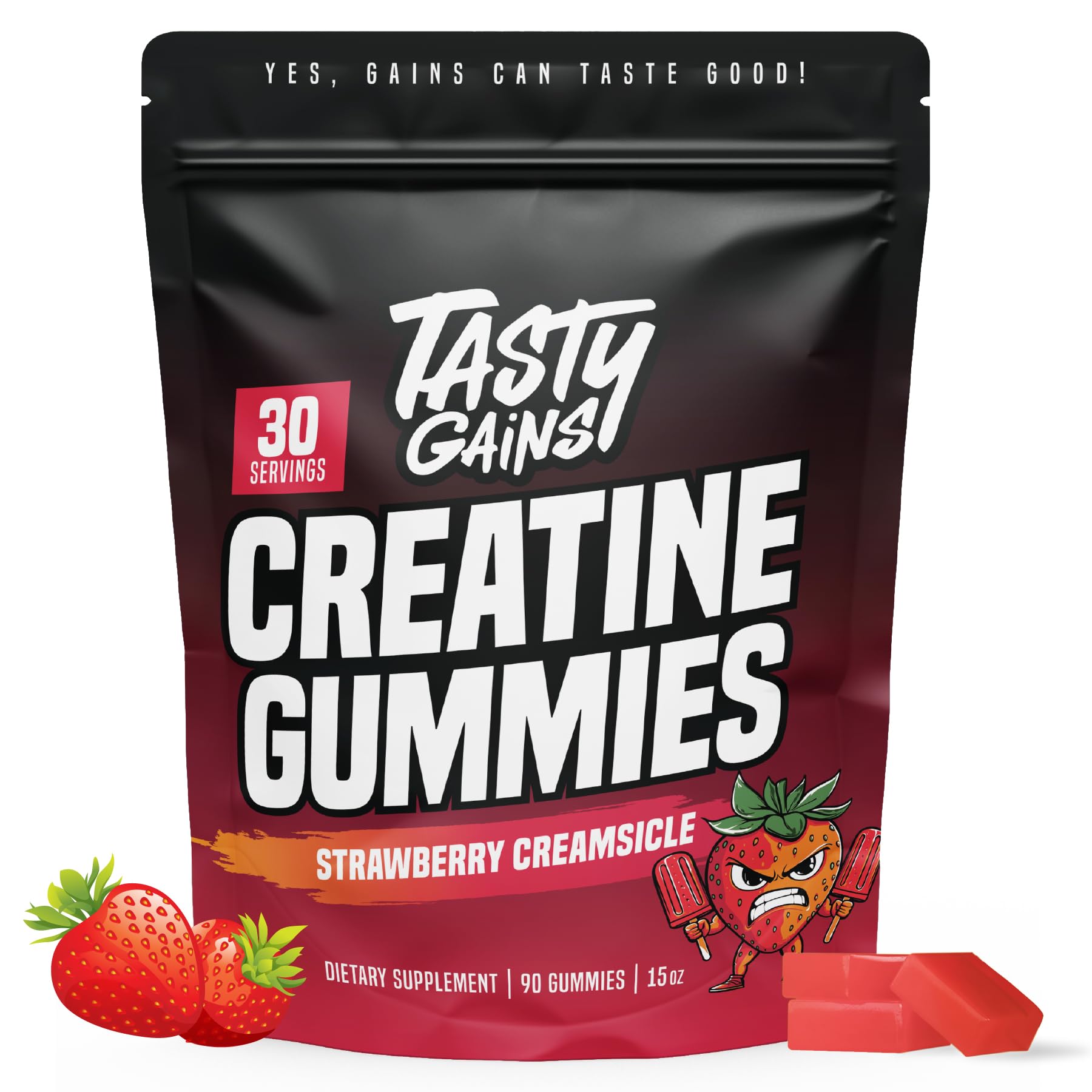 TASTY GAINS Creatine Gummies - 90g of Creatine Monohydrate - Workout Supplements - Build Muscle & Boost Strength for Men & Women - Made in USA - Non GMO - Vegan Friendly (Large, Pineapple Mango)