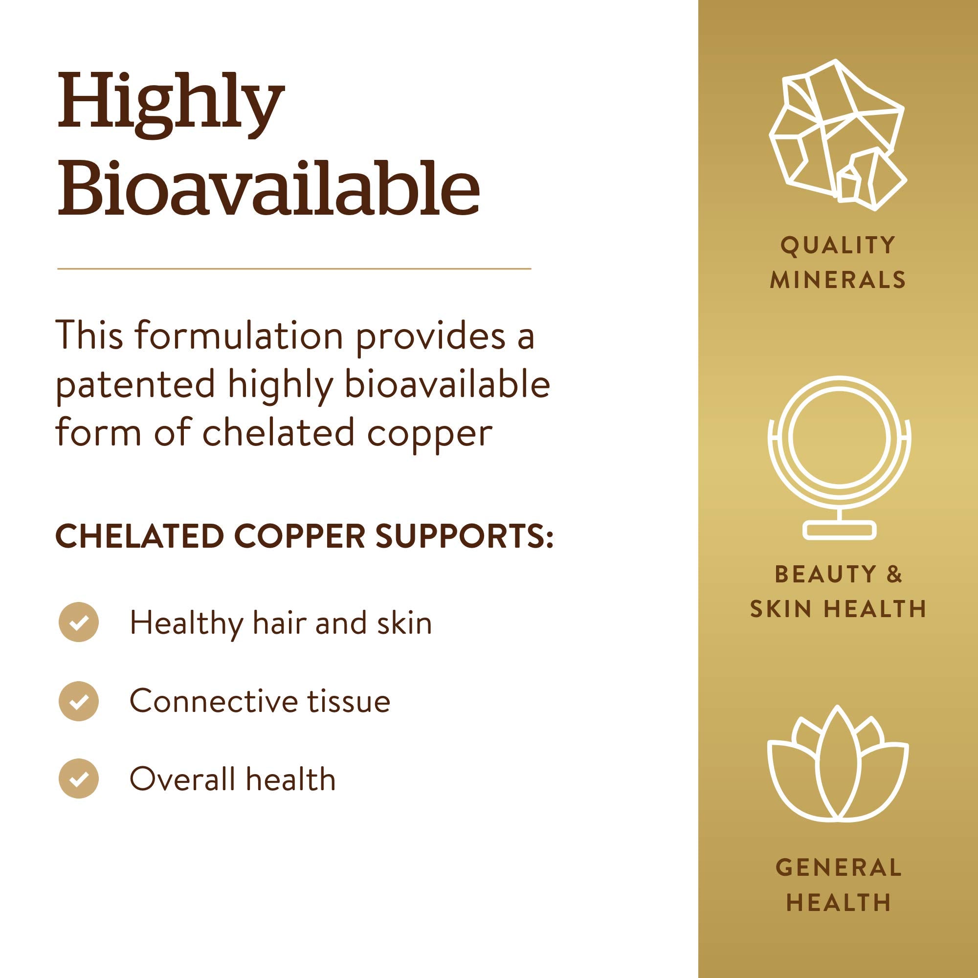 Solgar Chelated Copper, 100 Tablets - Essential for Collagen Formation | Highly Bioavailable Form, Supports Connective Tissue, Non-GMO, Vegan, Gluten Free, Dairy Free, Kosher - 100 Servings