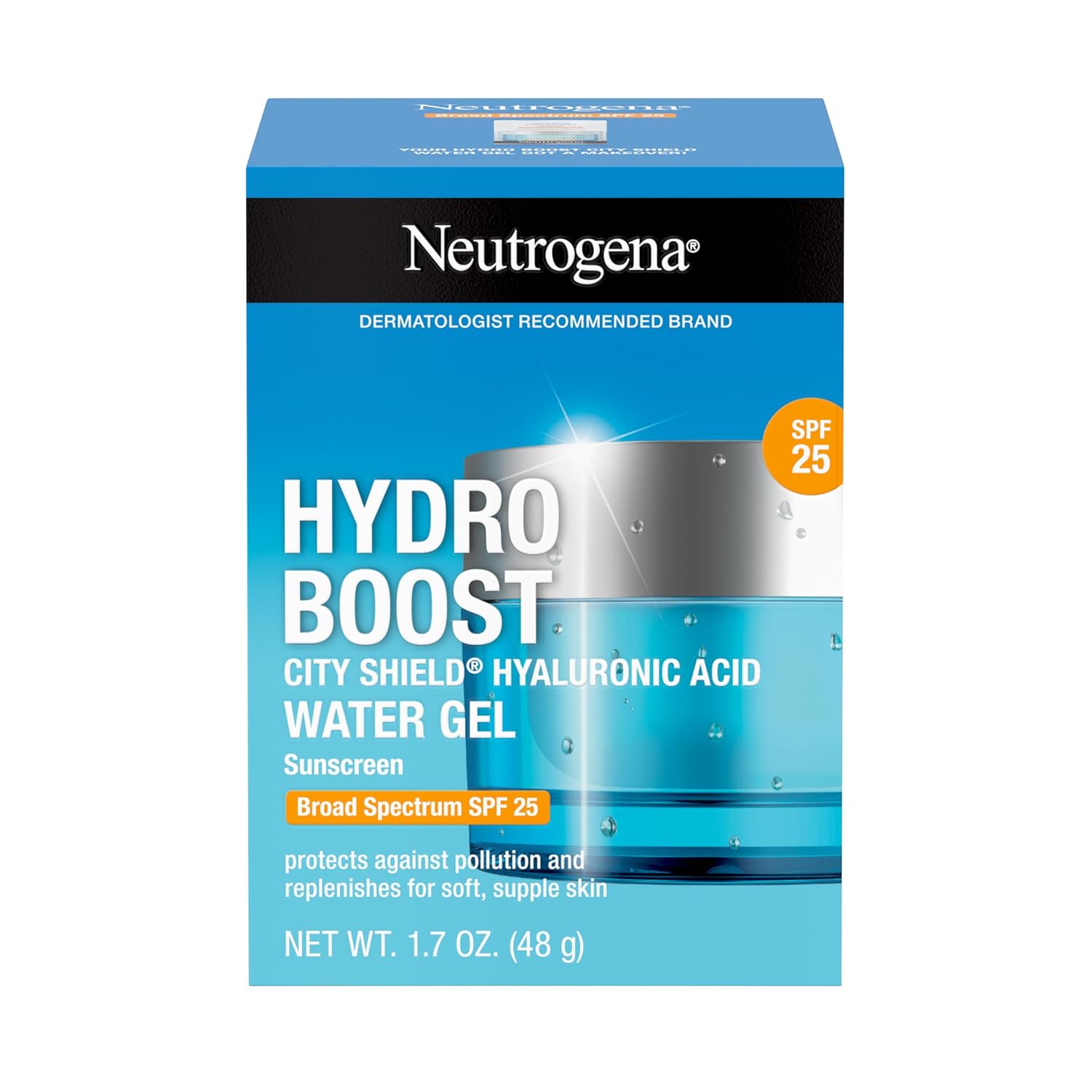 Buy now Neutrogena Hydro Boost City Shield Water Gel Face Moisturizer with Broad Spectrum SPF 25, Hydrating Facial Sunscreen with Hyaluronic Acid, Oil-Free and Non-Comedogenic Face Lotion, 1.7 oz at indiglob india
