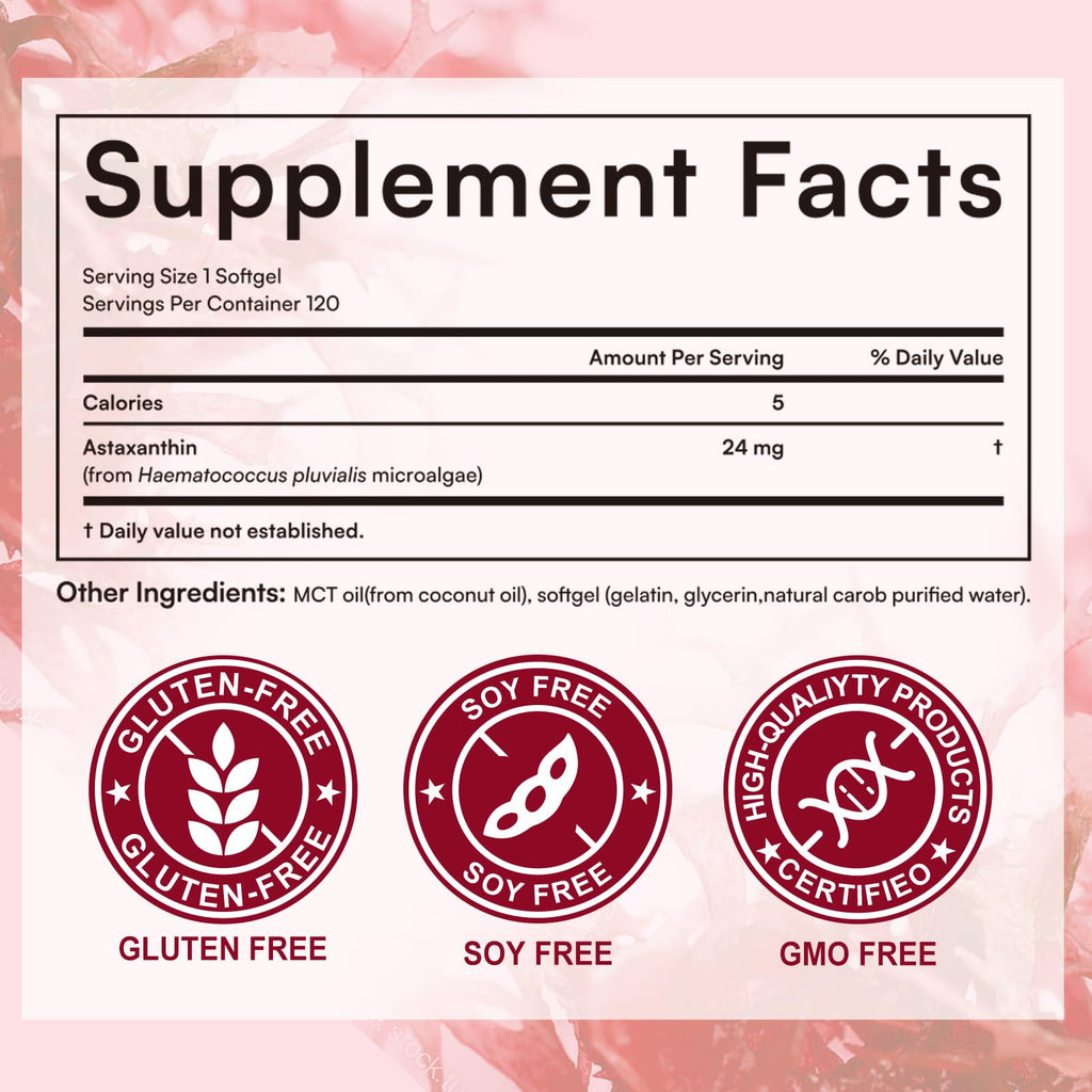 Astaxanthin Supplements 24mg | 120 Softgels | Natural Astaxanthin Antioxidant Supports for Eye, Skin & Joint Health | Fresh Microalgae Source | Non-GMO, Gluten Free